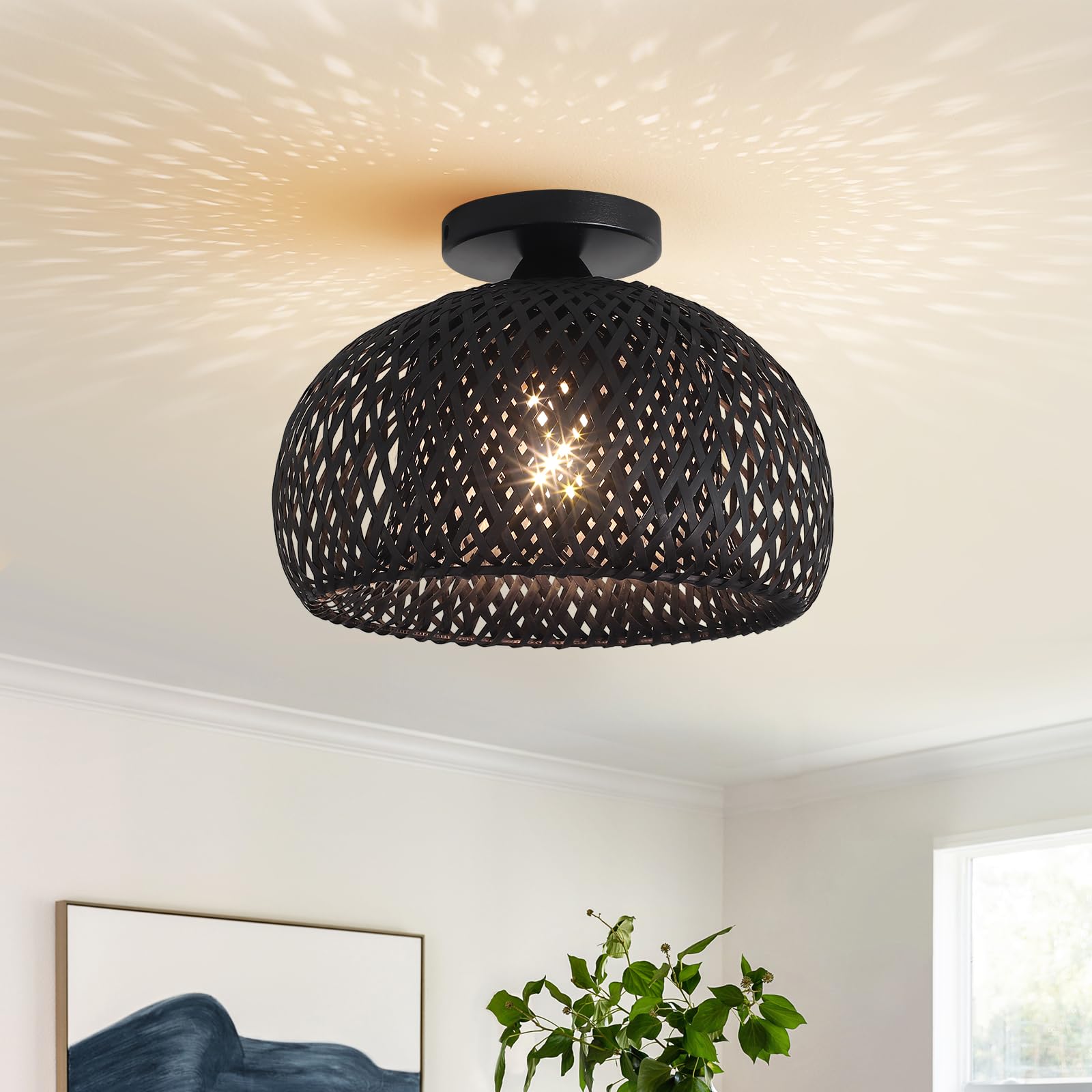 BUXVRCS Bamboo Ceiling Light Fixtures, Handmade Boho Light Fixtures Ceiling, Woven Rattan Light Fixtures Ceiling Mount, Farmhouse Light Fixture for Bedroom Hallway Kitchen Nursery Entryway (Black)