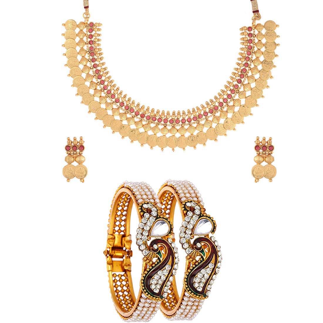 ZENEMEJewellery Set Gold Plated Temple Coin Necklace with Earring Peacoc Kada Wedding Jewellery For Women & Girls