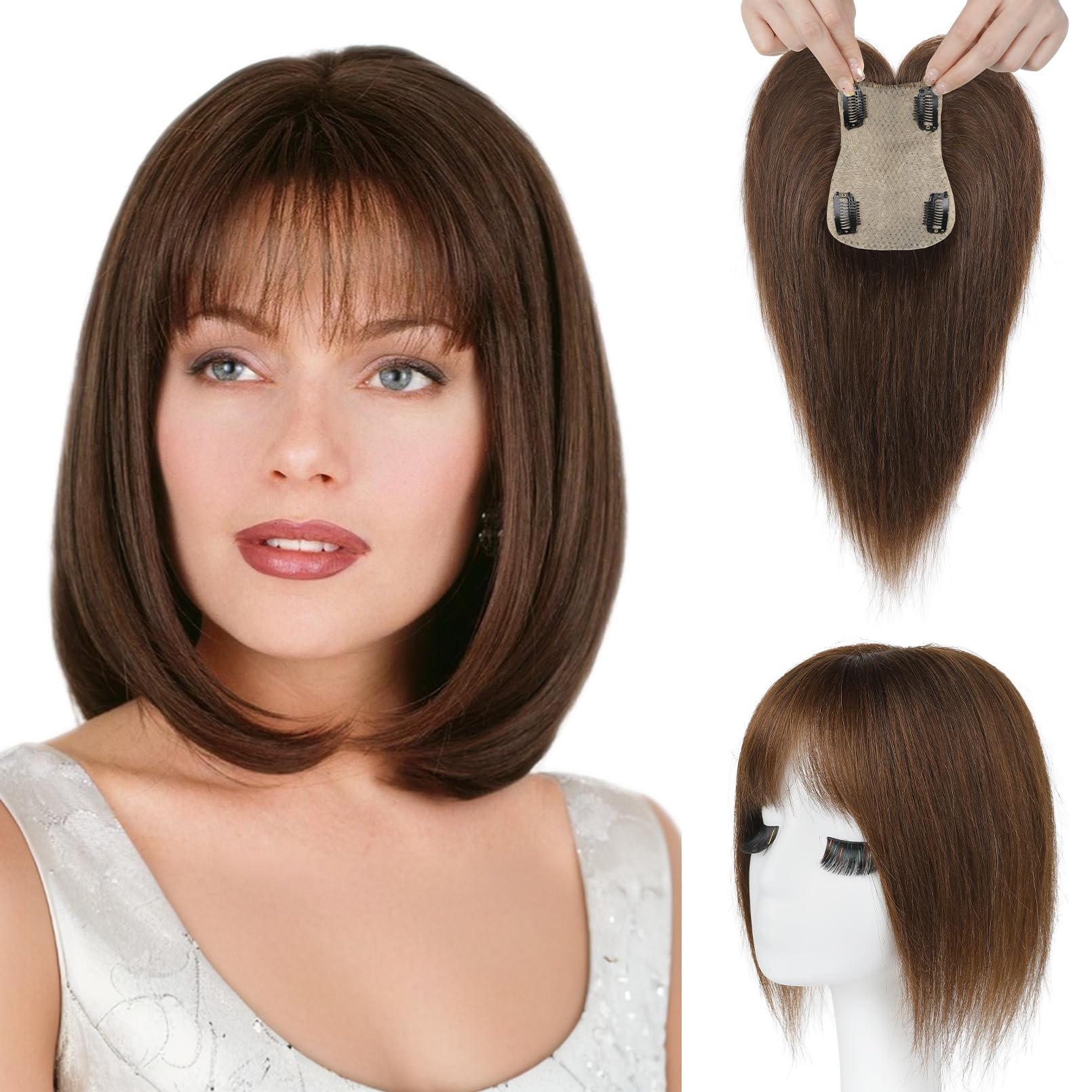 REECHO Human Hair Topper with Bangs for Women Real Human Hair Natural Hairpiece for Daily Wear, Medium Brown