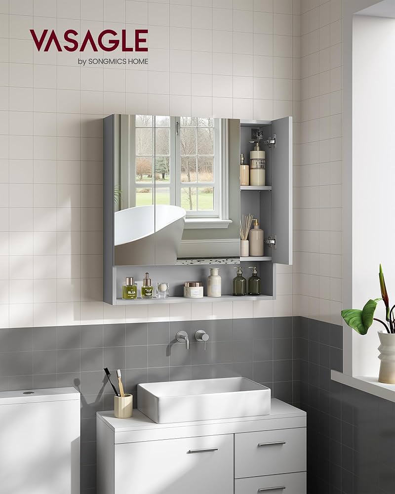 VASAGLE Mirror Cabinet Bathroom Cabinet Storage Cabinet With 3 Doors Bathroom 15 X 90 X 60 Cm With Adjustable Shelves Modern White BBK032W01