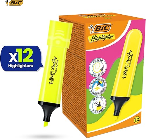 Miniatura 2 de BIC - Paquete de 12 rotuladores de plástico con tinta amarilla neón fluorescente para notas suaves y precisas, ideal para la escuela y la oficina