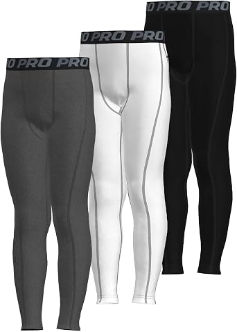 LANBAOSI Youth Boys Compression Pants Leggings Kids Thermal Tights Athletic Football Bottoms Sports Base Layer 3 Pack