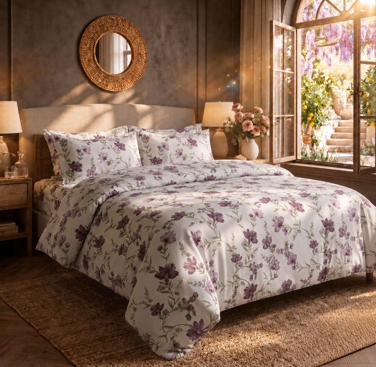 HOME Set Copripiumino Matrimoniale 4 Pezzi 220x230 con Lenzuolo 160x200+35 e 2 Federe 50x80 – Microfibra Morbida Traspirante – Bouquet Harmony Collection (Bouquet Violet)