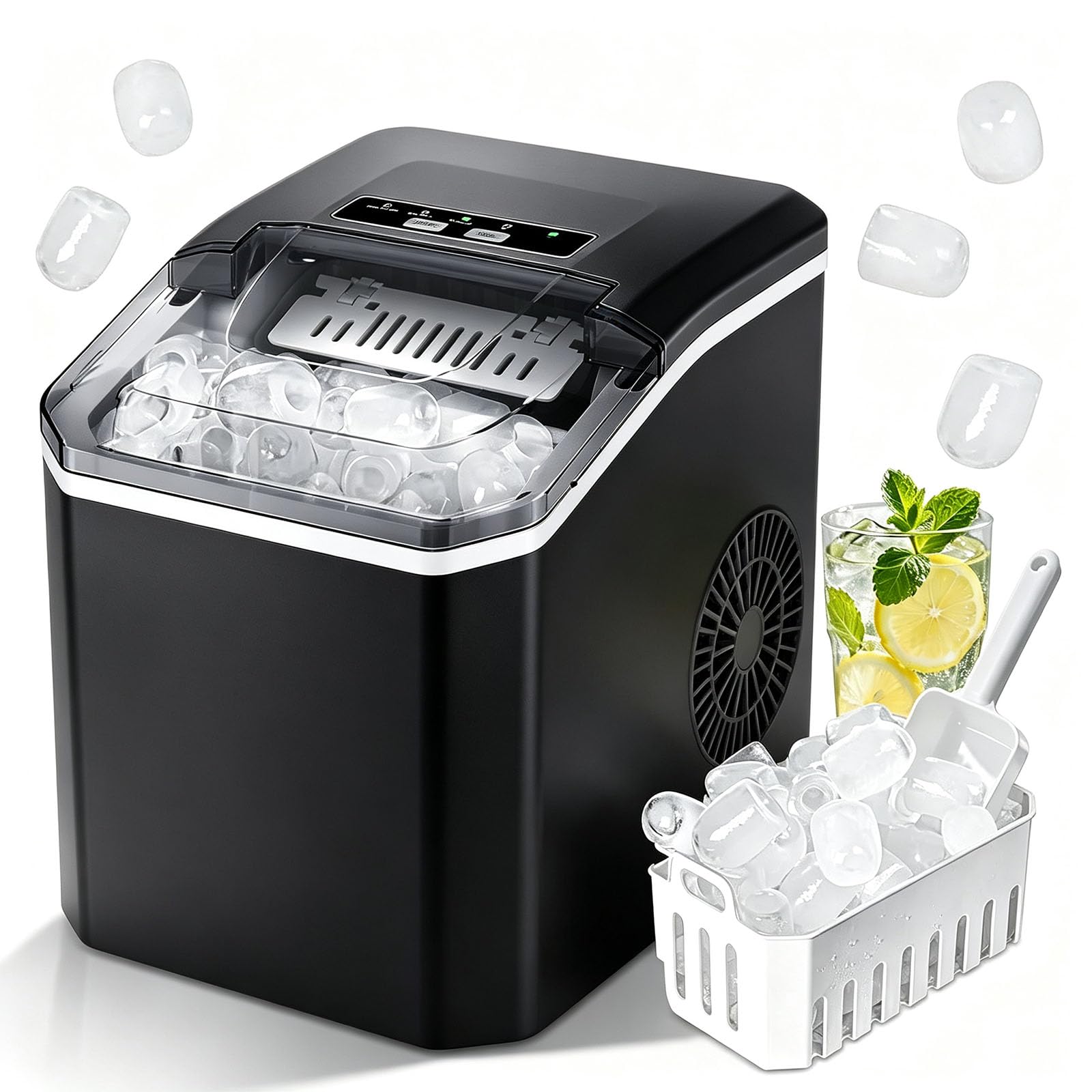 Máquina para Hacer Cubitos de Hielo | 15Kg/24H, 9 Cubitos de Hielo en 6 Min,1.3L,Maquina de Hacer Hielo Autolimpiable,con aAsa,Pala,para el Hogar Fiesta Cocina Bar