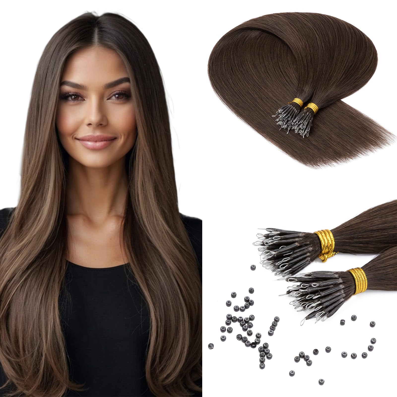 Benehair Nano Hair Extensions Straight Remy #2 Dark Brown Nano Loop Hair Extensions Real Human Hair 16 Inches (35g)