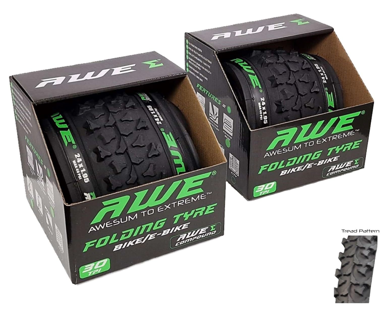 2 x AWE® AWERide Bike/E-Bike Folding Tyres 24" x 1.95 cm MTB Tyre 30 TPI