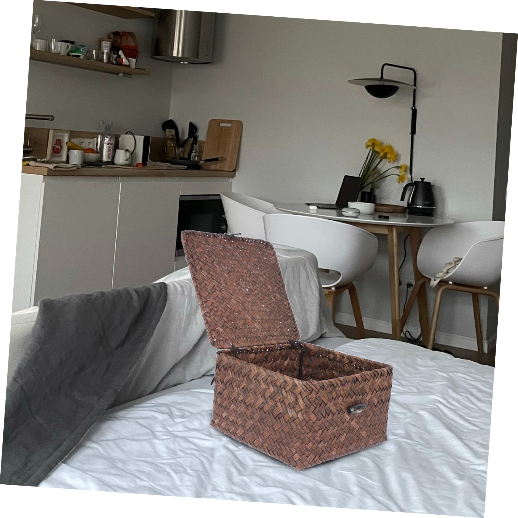 STOBAZA Sea Grass Woven Storage Basket with Lid Versatile Household Organizer for Laundry Snacks and Tea Stylish Natural Decorative Bins for Home Organization