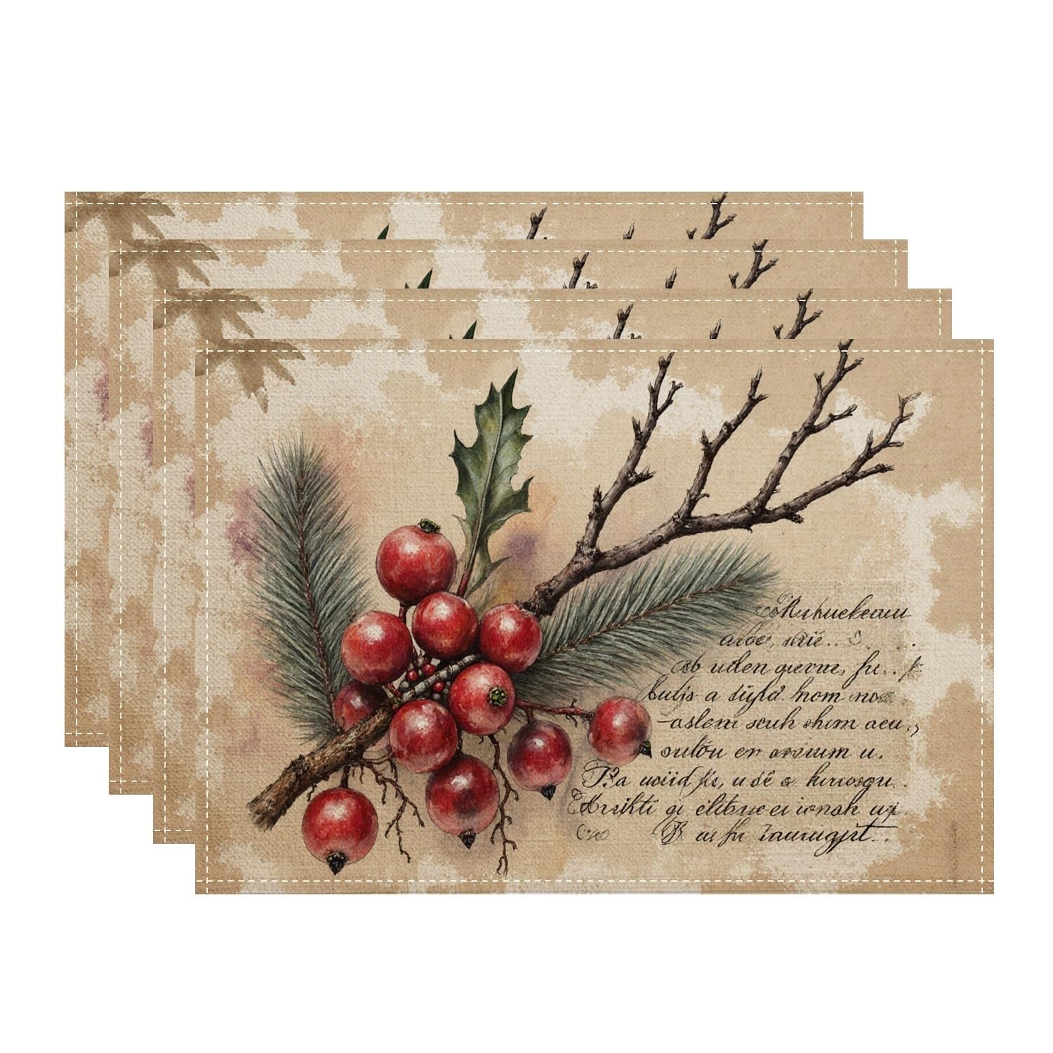 Rustic Berries Placemats, Vintage Botanical Place Mats for Dining Table, Winter Holiday Non-Slip Washable Indoor Outdoor Kitchen Party Decorative Placemat Set of 4