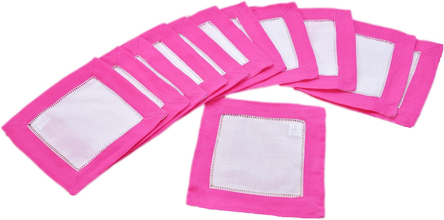 Color TrimsHemstitch Cocktail Napkin (6x6"). White with Color Trims. (12PCS Pack) (Candy Pink)