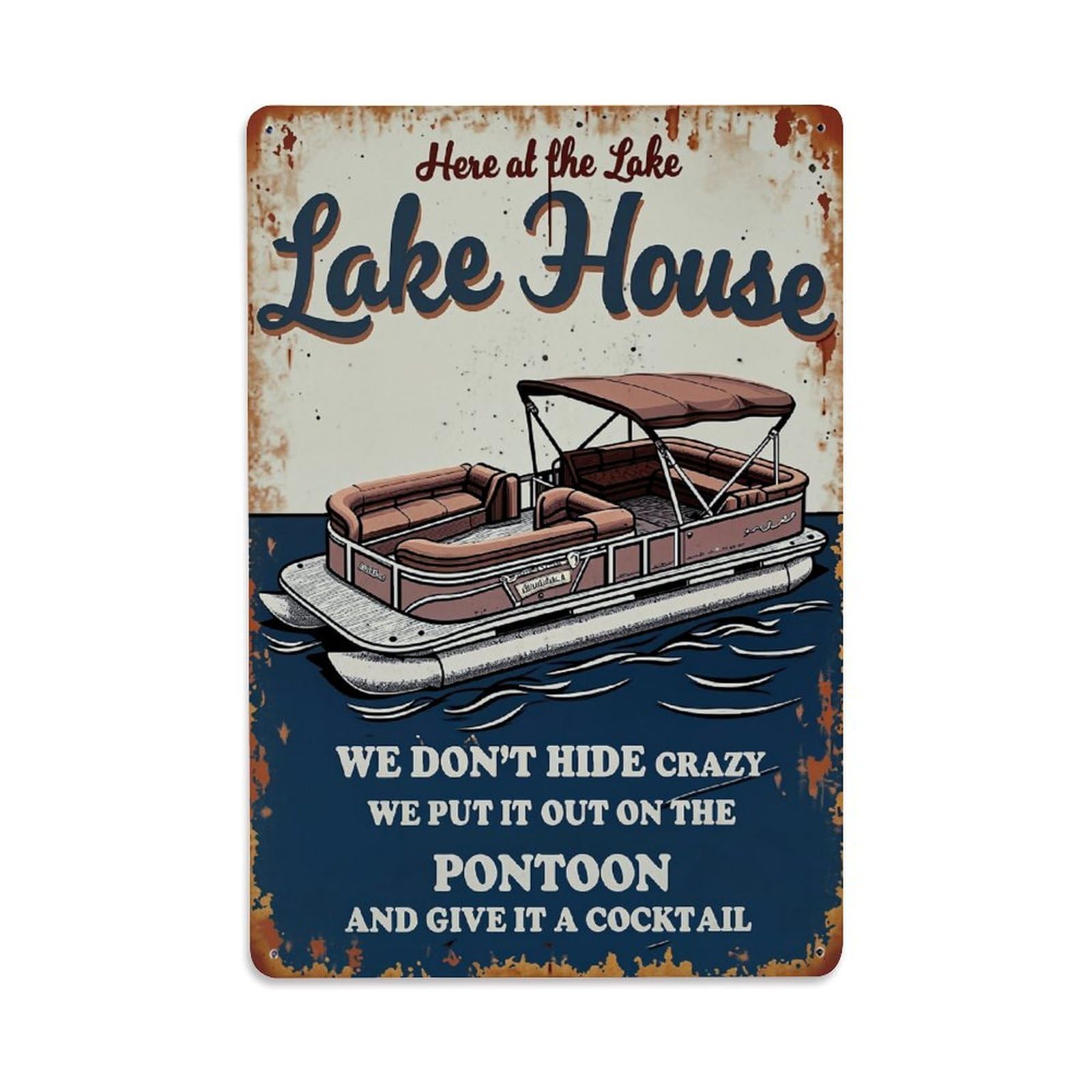 Jdfenggu Vintage Lake House Pontoon Boat Illustration Retro Metal Tin Sign, Metal Poster For Bar, Home, Man Cave, Kitchen, Laundry Room Art Decor 8X12 Inch