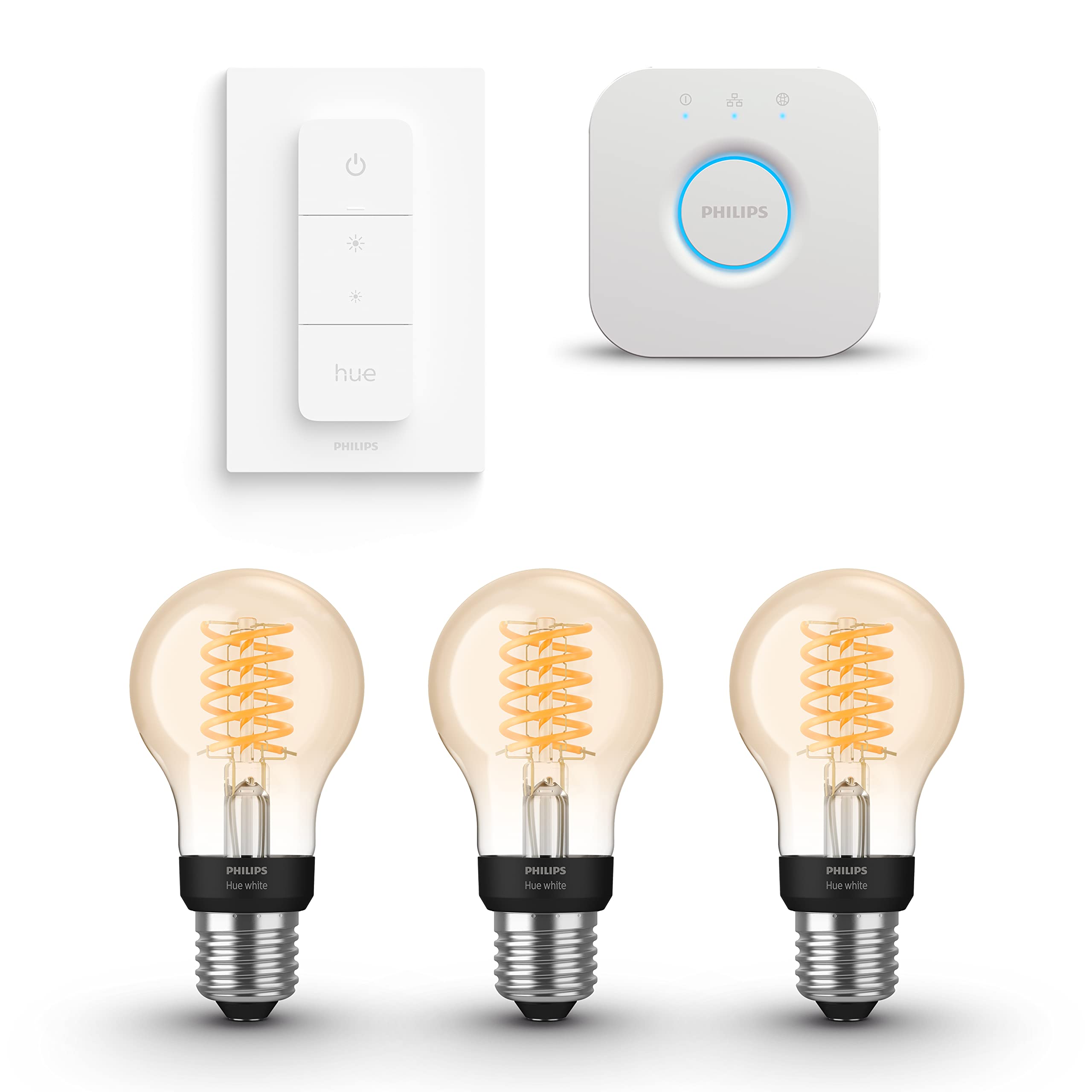 Philips Hue Starterpack - White - Filament Standardlampe - E27-3 Lampen - 1 Bridge - 1 Dimmer Switch