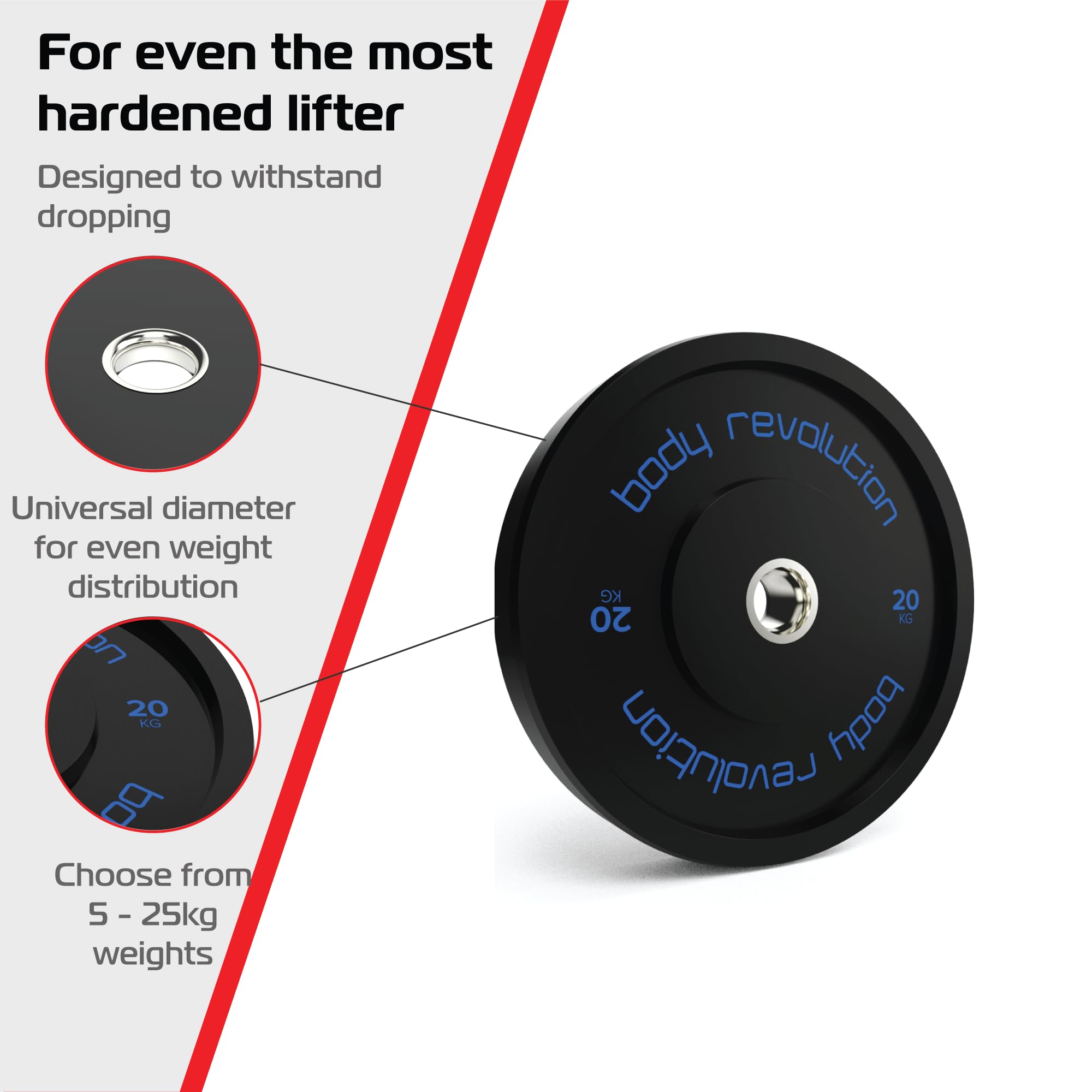 Body Revolution, dischi Bumper in gomma da 5 cm per sollevamento pesi olimpionico, dischi per bilancieri e crossfit (da 5 a 25 kg), 20kg pair