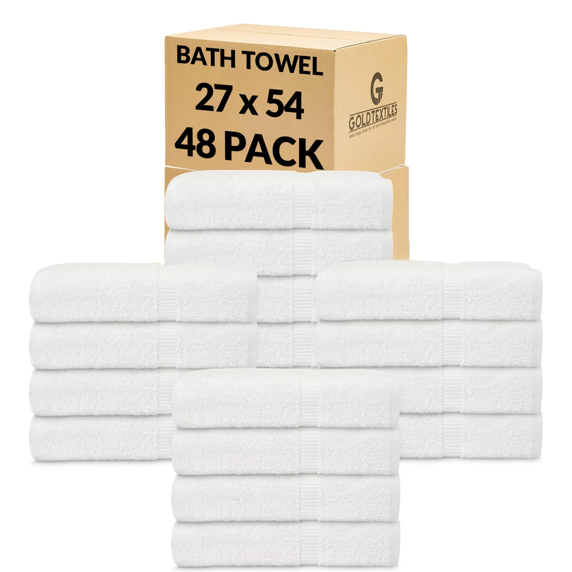 GOLD TEXTILES Premium Bath Towel Set (Pack of 48,27 x 54) 100% Ring-Spun Cotton Towels for Hotel, Spa, Soft and Absorbent (27 x 54, White - 48 Pcs)