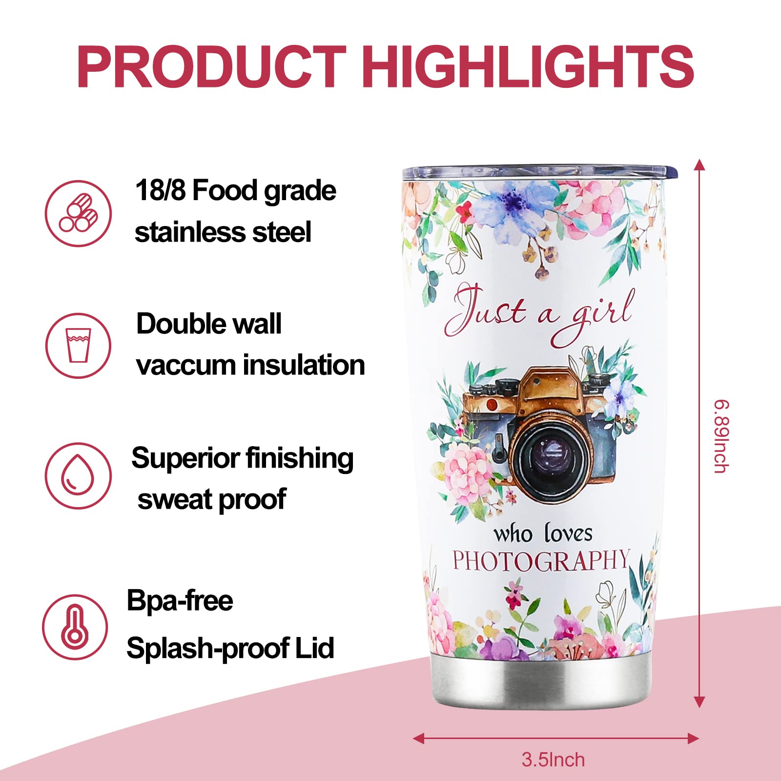 kwsnatel Photographer Gifts for Women - Just a Girl Who Loves Photography Tumbler with Lid - Birthday Gifts for Women Photographer - Traveling Cups for Her - Cute Flower Camera Coffee Mug 20oz
