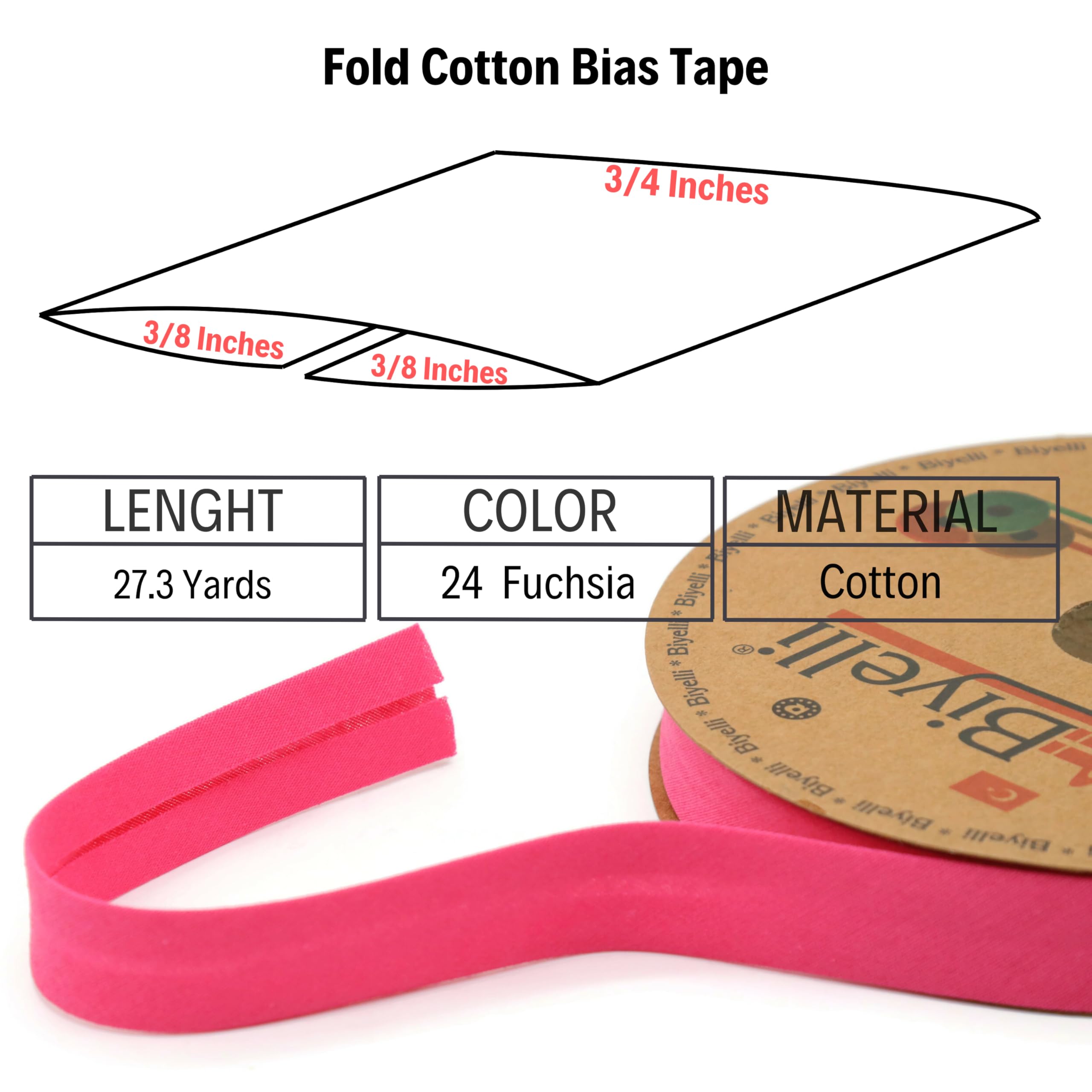 Cinta al bies plegable de algodón – 3/4 pulgadas (20 mm) de ancho – 27 yardas – más de 65 colores – Cinta de encuadernación de algodón de un solo pliegue para coser ropa DIY (24. fucsia) D24