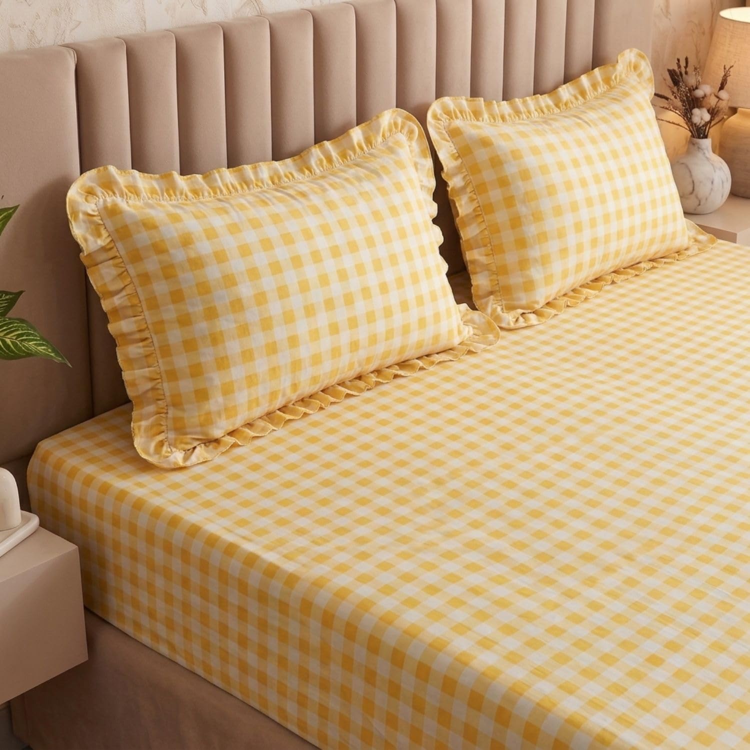 Dream Weaverz Abstract Boho Fitted Bedsheet with 2 Frill Pillow Covers | Double & King Size 182x198 cm | 360° Elastic | Pinterest Aesthetic | Fits Upto 72 X 78 inch Mattress | Yellow-image-41