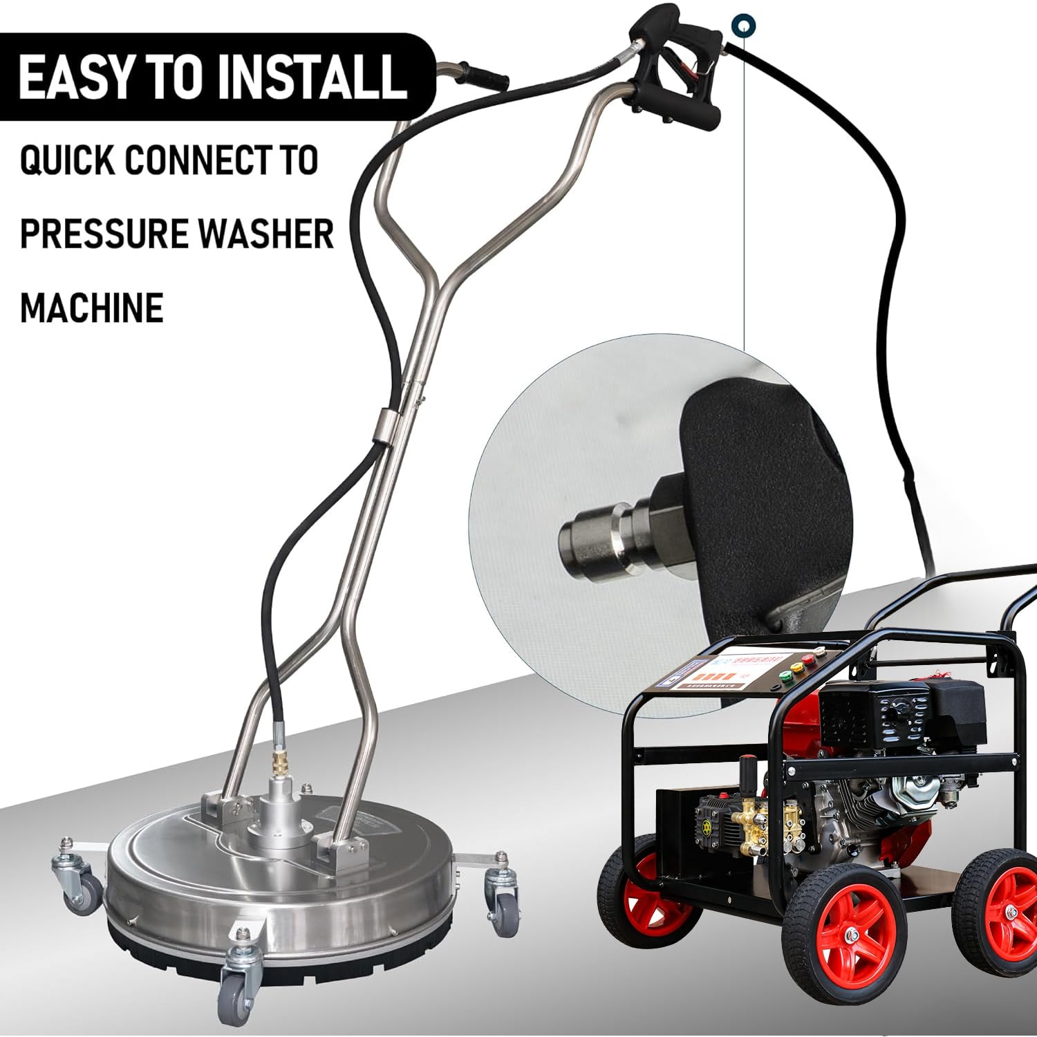 Hourleey Pulitore per superfici idropulitrice da 61 cm, con doppie maniglie, in acciaio inox, con 4 ruote per vialetti, vialetti, marciapiedi, terrazze, 4500 PSI con kit di connettori rapidi da 3/8"