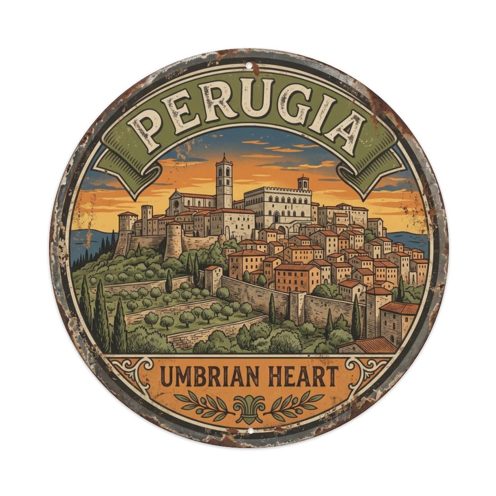 Vintage Travel Perugia Hilltop Umbria Metal Tin Sign Plaque Wall Decor for Cafe, Club Bar, Office, Home Garden Round Metal Poster 8x8Inch