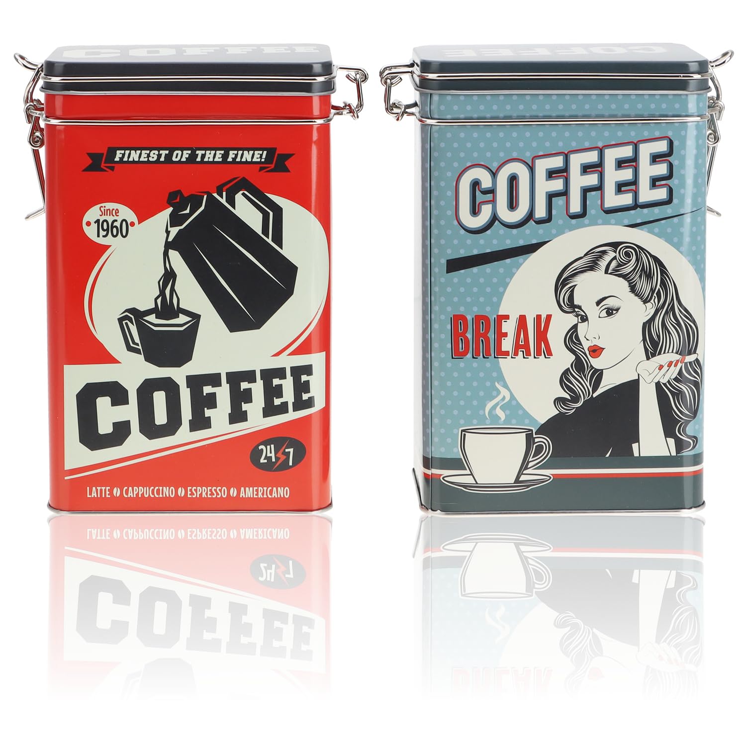 com-four® 2x metal storage jar - coffee jar with lockable lid - metal container in retro design for food - storage box [selection varies]