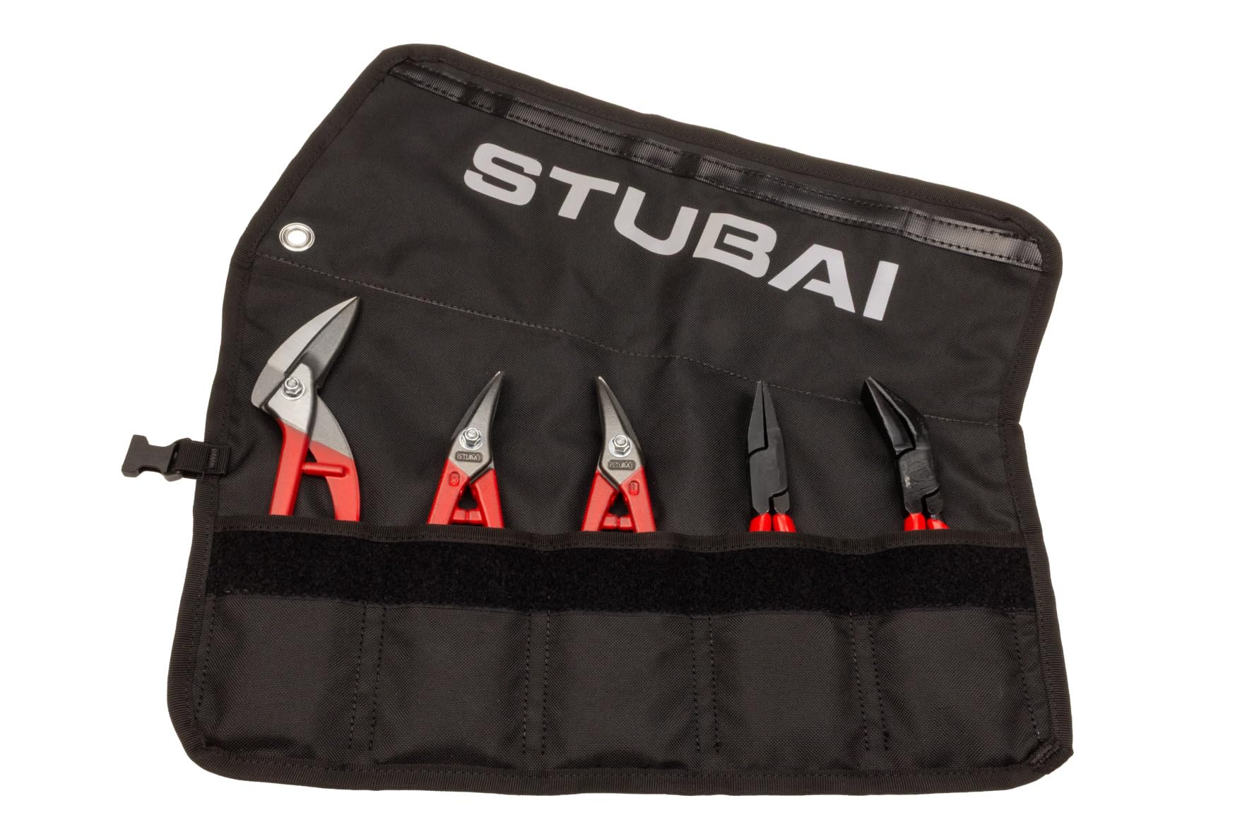 STUBAI Set di mini pinze | borsa arrotolabile, 5 pezzi | PVC – isolato | con mini cesoie | forbici per lamiera destra e sinistra | pinza piegata diritta e 45° | attrezzo professionale compatto e a