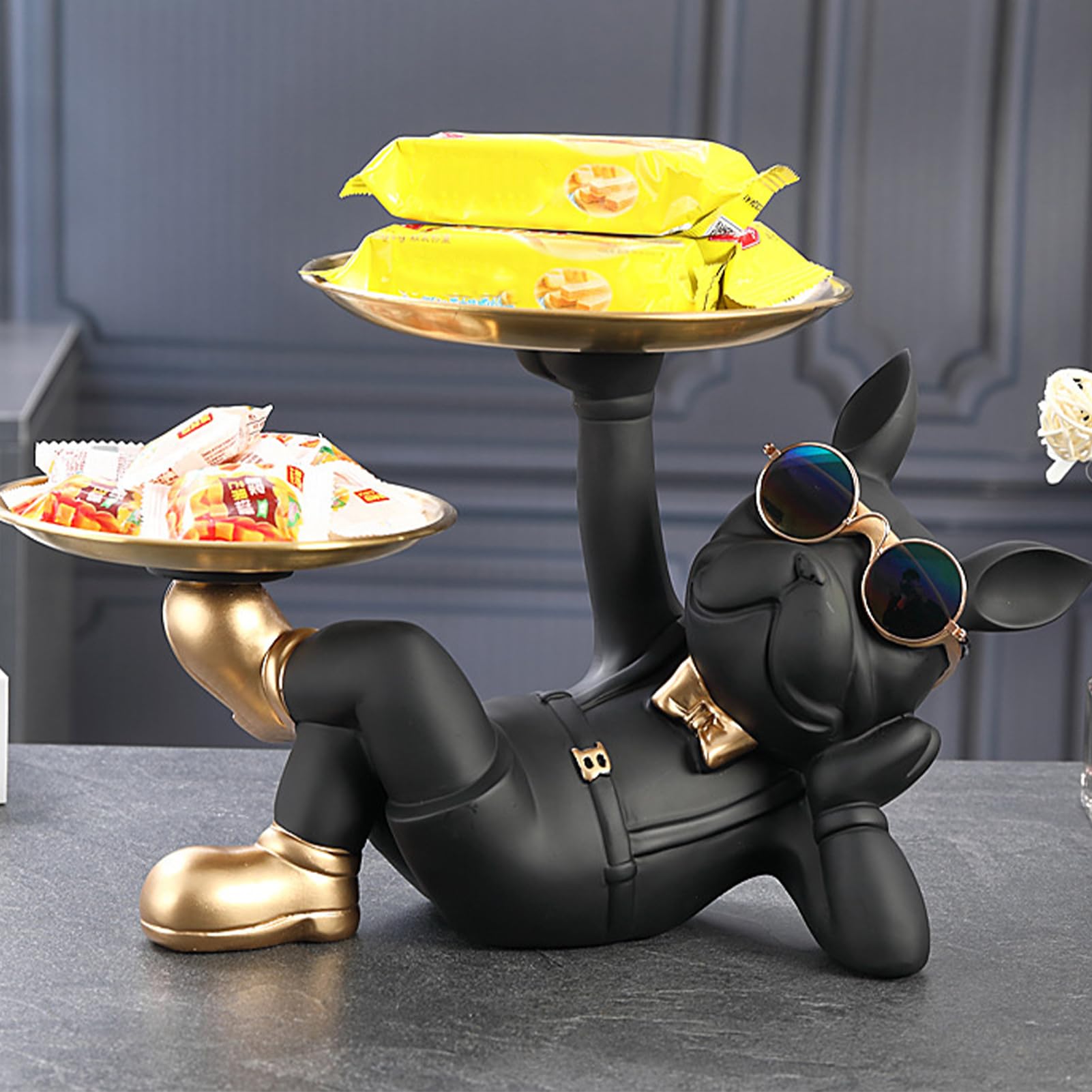 Bandeja llavero Bulldog - Soporte decorativo de metal resina, elegante organizador para el hogar 33x19,5x20 cm, diseño auspicioso para perros, práctico accesorio de escritorio, solución única pe