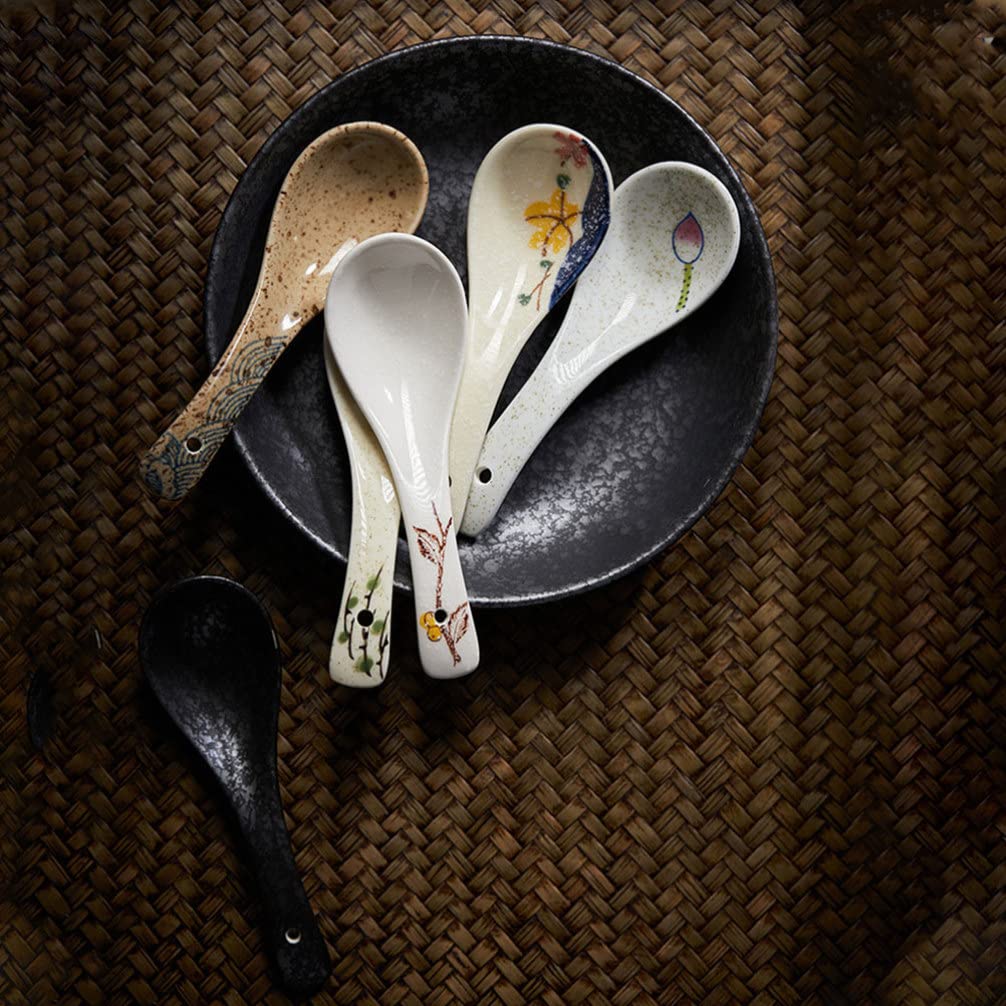 Łyżki ceramiczne azjatycka łyżka do zupy: 6 szt. Japońskie Retro łyżki do zupy łyżki do ryżu chińskie łyżki do serwowania Wonton Dumpling Miso