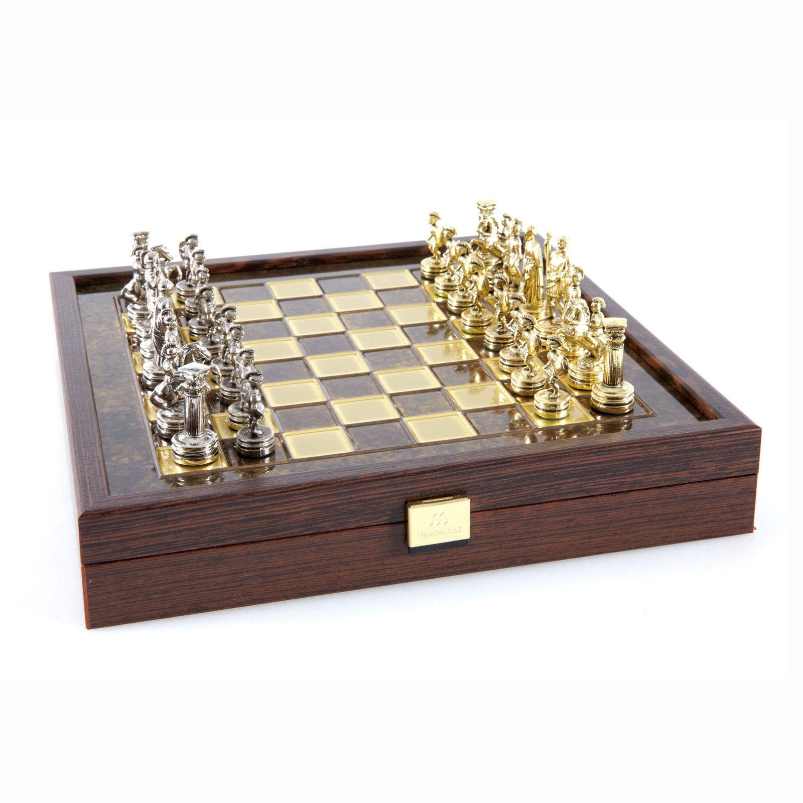 Manopoulos Greek Roman Army Chess Set - Brass&Nickel - Wooden case Brown Board