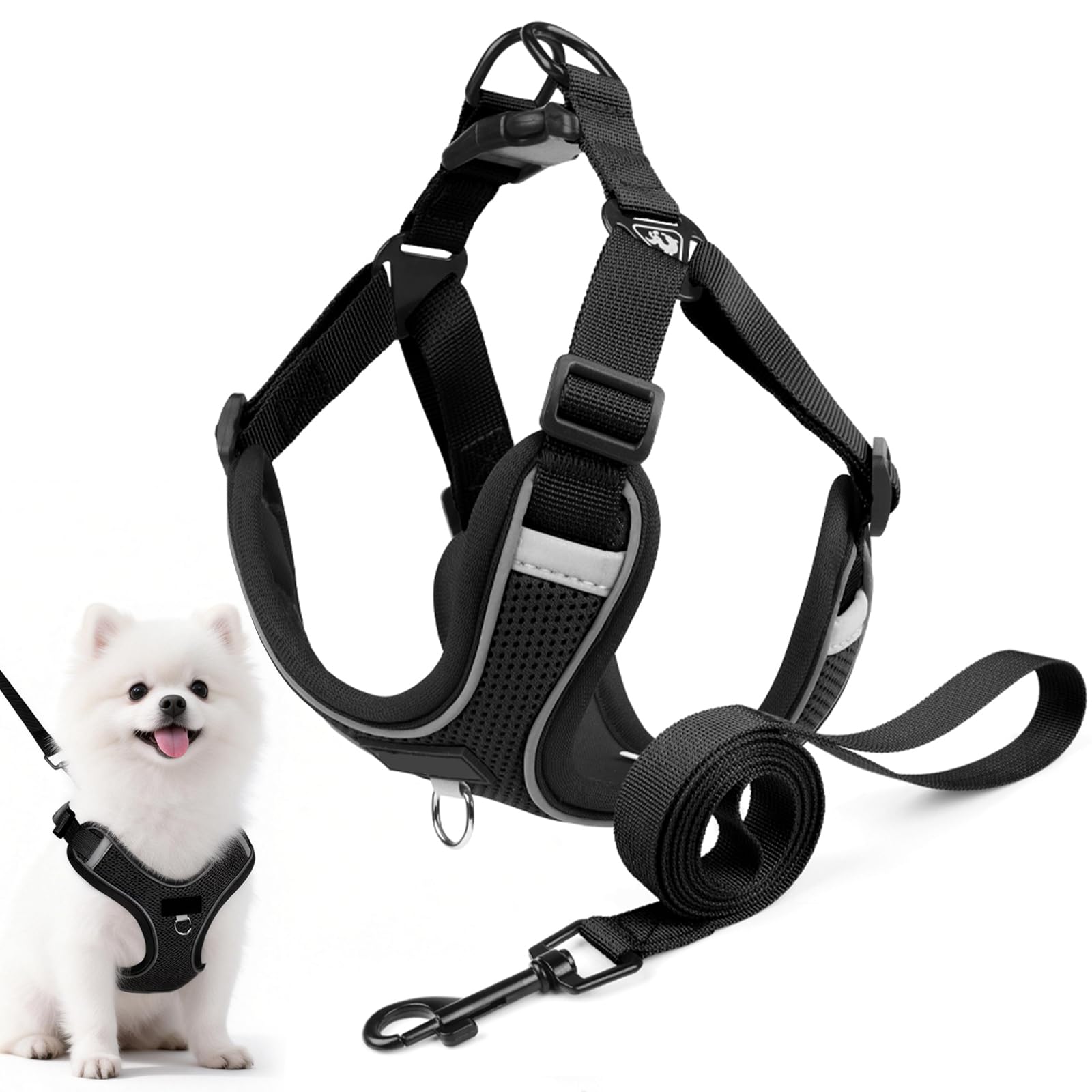 Dog Harness and Lead Set, No Pull Adjustable Reflective Puppy Harness, Escape Proof Vest Harness with Soft Mesh, Lightweight Breathable Pet Vest for Small Medium Dogs, for Training Walking (Black, M)