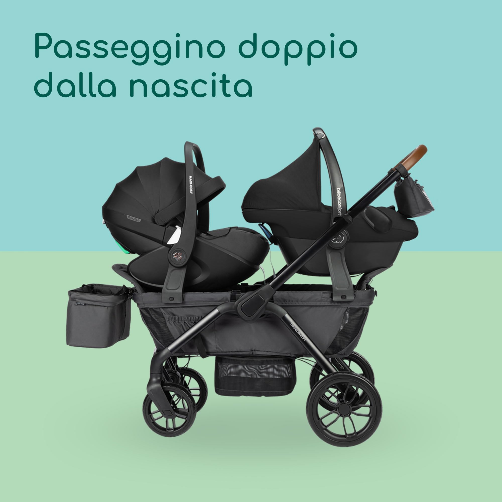 Bebeconfort Helios, Passeggino Gemellare dalla Nascita, 0-4 Anni, 0-22 kg, 2 Sedute Faccia a Faccia, Ruote Larghe All-Terrain, Compatto da Chiuso, Carretto bambini, Capottina, Mineral Graphite