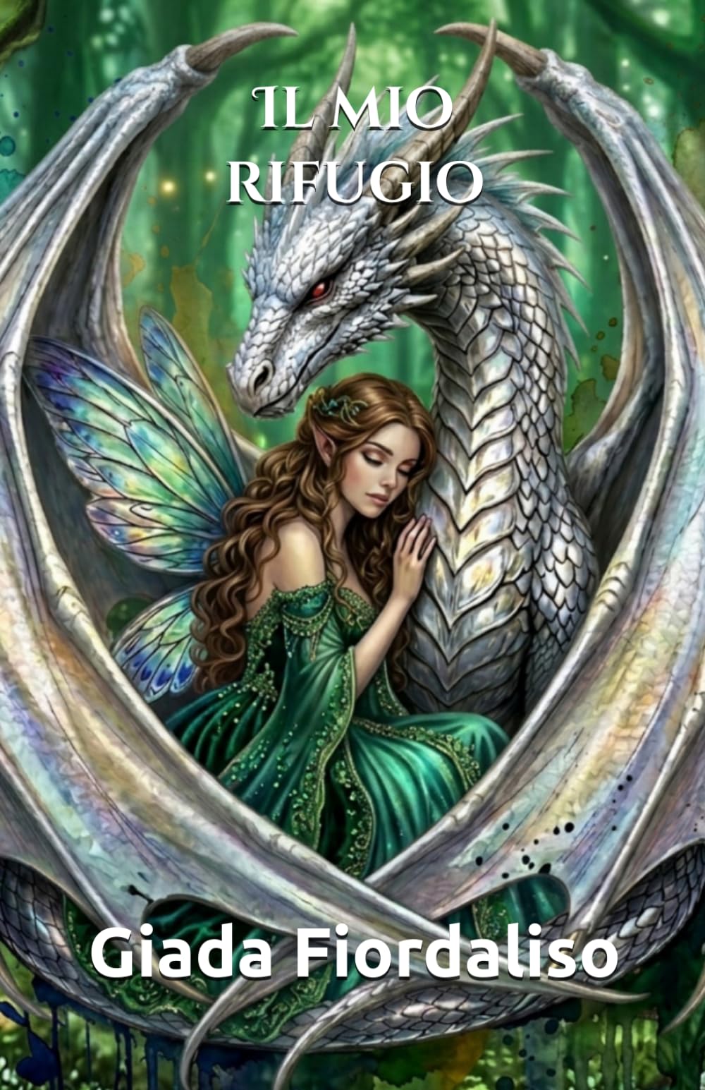 Il mio rifugio-Aforismario motivazionale- copertina con fata e drago e interni a colori con illustrazioni fantasy