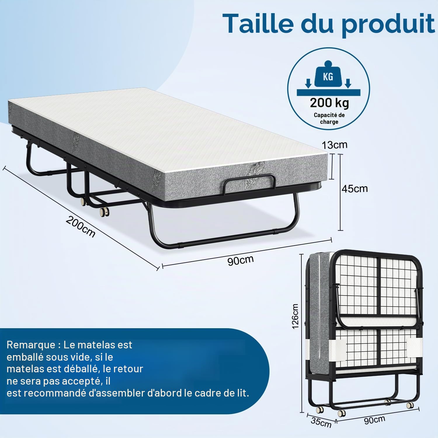 ISOSIL Lit pliant 90 x 200 cm Lit d'appoint avec cadre de lit pliable en métal et matelas en mousse de 13 cm Charge maximale 200 kg
