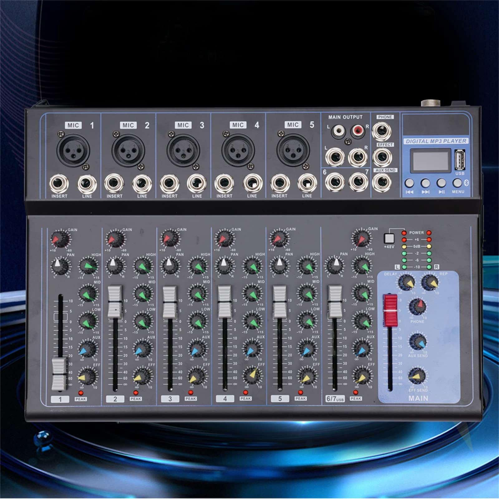 Mixer Bluetooth a 7 canali, console, audio per palcoscenici, musica live studio audio, mixer USB Bluetooth mixer amplificatore