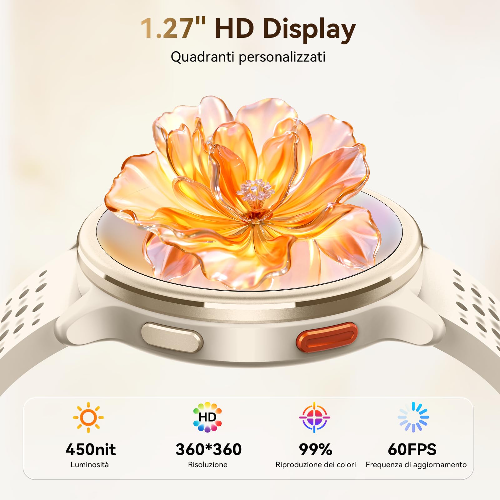 Smartwatch Donna 1.27'' Orologio Uomo Rotondo con 2 Cinturini,120+ Modalità Sportive, Corsi di Ginnastica 3ATM Monitoraggio Salute e Sonno Contapassi Fitness Watch per Samsung/Android/iPhone Albicocca