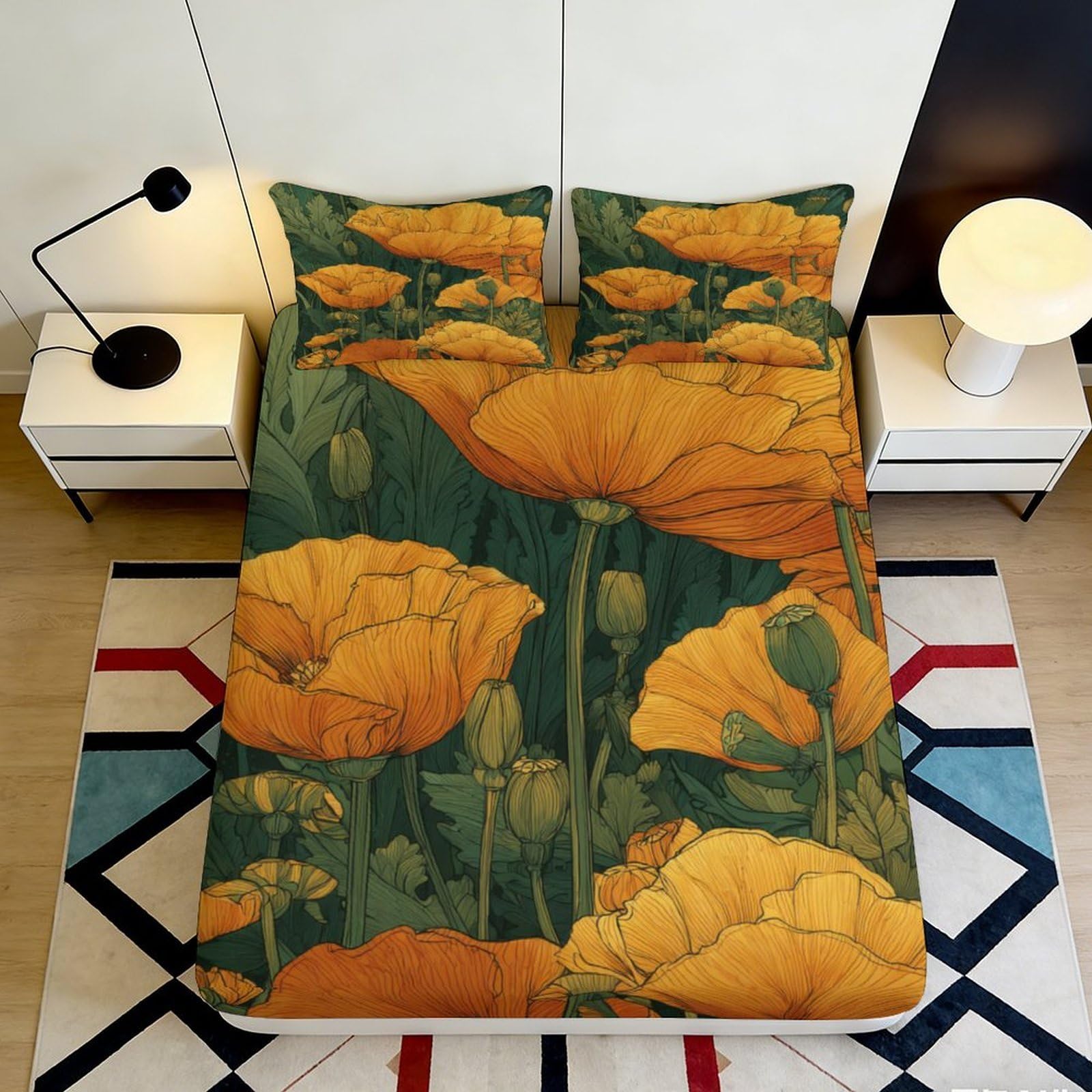 3D Printed Poppy Flower Fitted Sheet Microfiber Yellow Botanical Bed Cover for Bedroom Guest Room Decor Mattress Protection 90x200x25cm