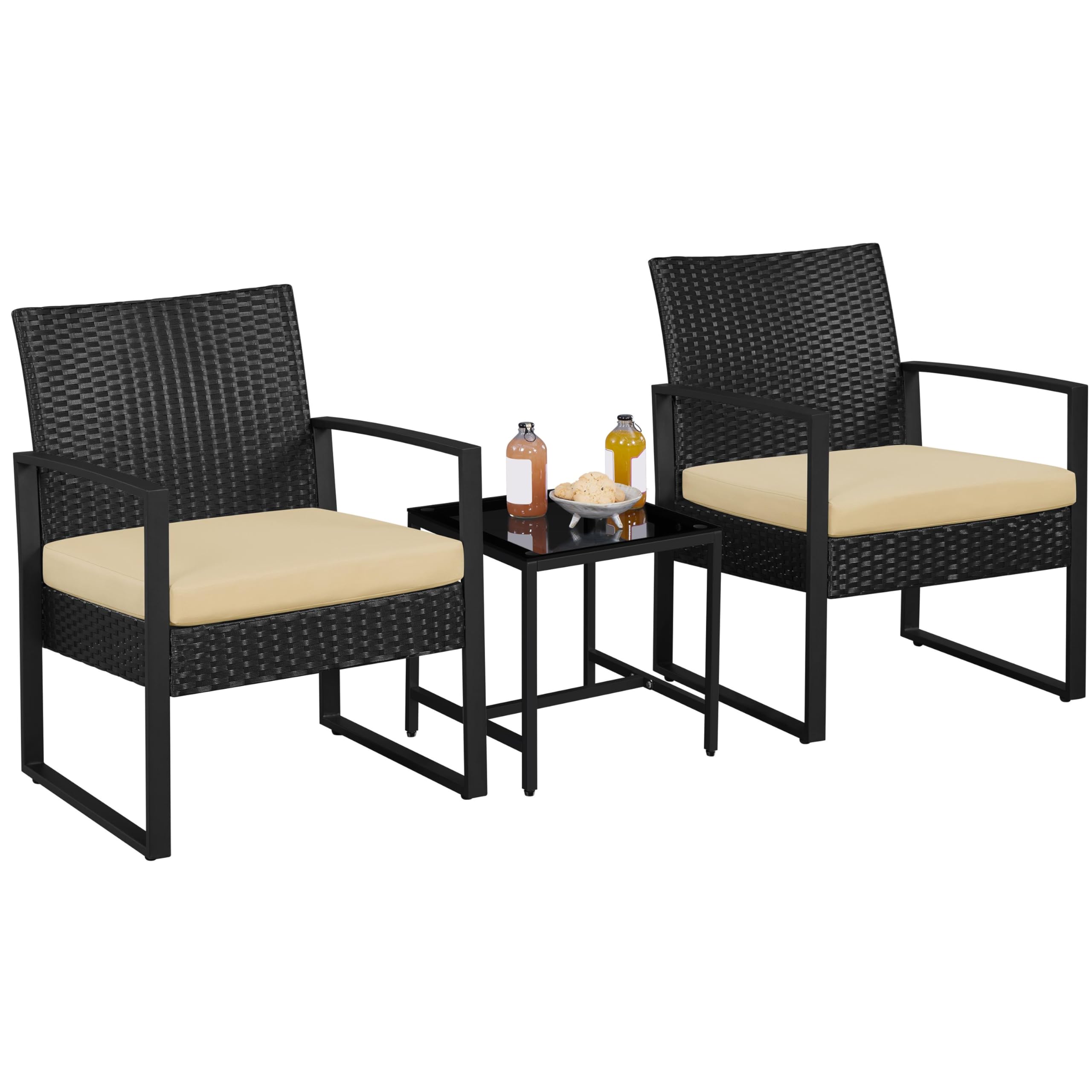 Yaheetech 3-Piece Rattan Garden Furniture Set, 2 Seater Chairs & 1 Table for Balcony with Cushions for House/Porch/Garden/Backyard/Outdoor Use, Black/Khaki
