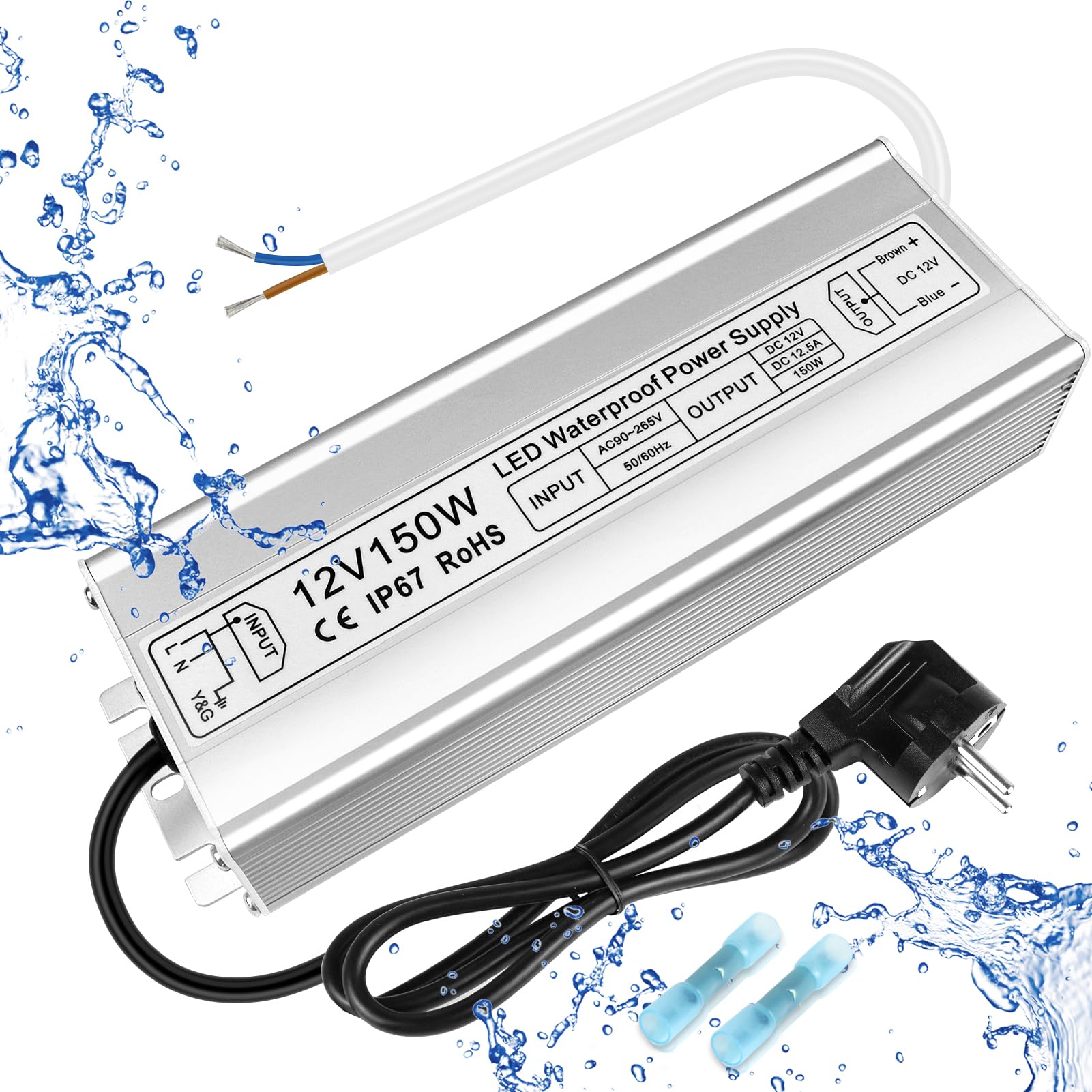 inShareplus Transformador LED 12 V 12,5 A 150 W IP67 impermeable para exteriores, CA 90-265 V a DC 12 V, transformador de bajo voltaje, fuente de alimentación de 12 V para luz LED, proyecto de