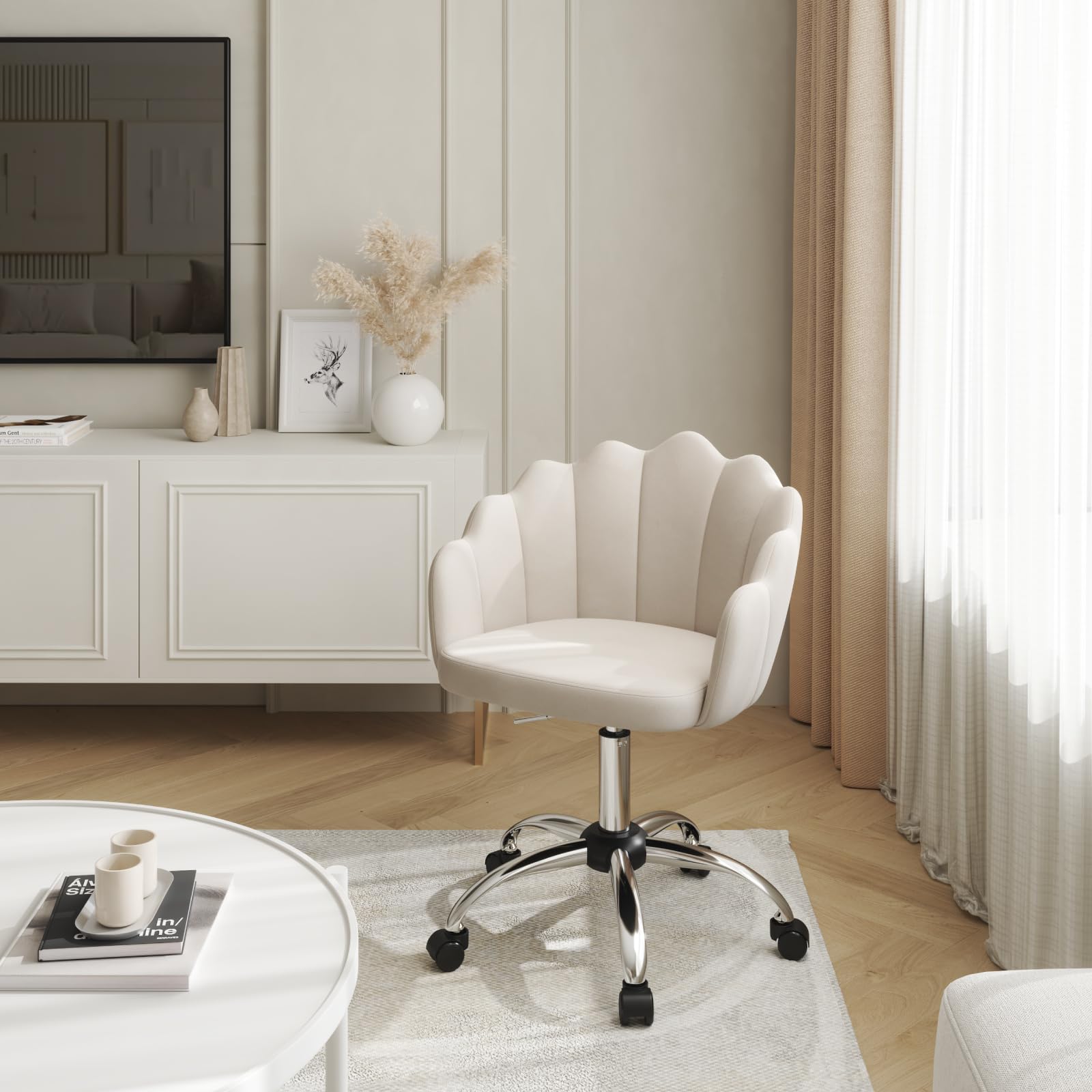 WOLTU Chaise Bureau Pivotante Hauteur Réglable Velours Beige Métal