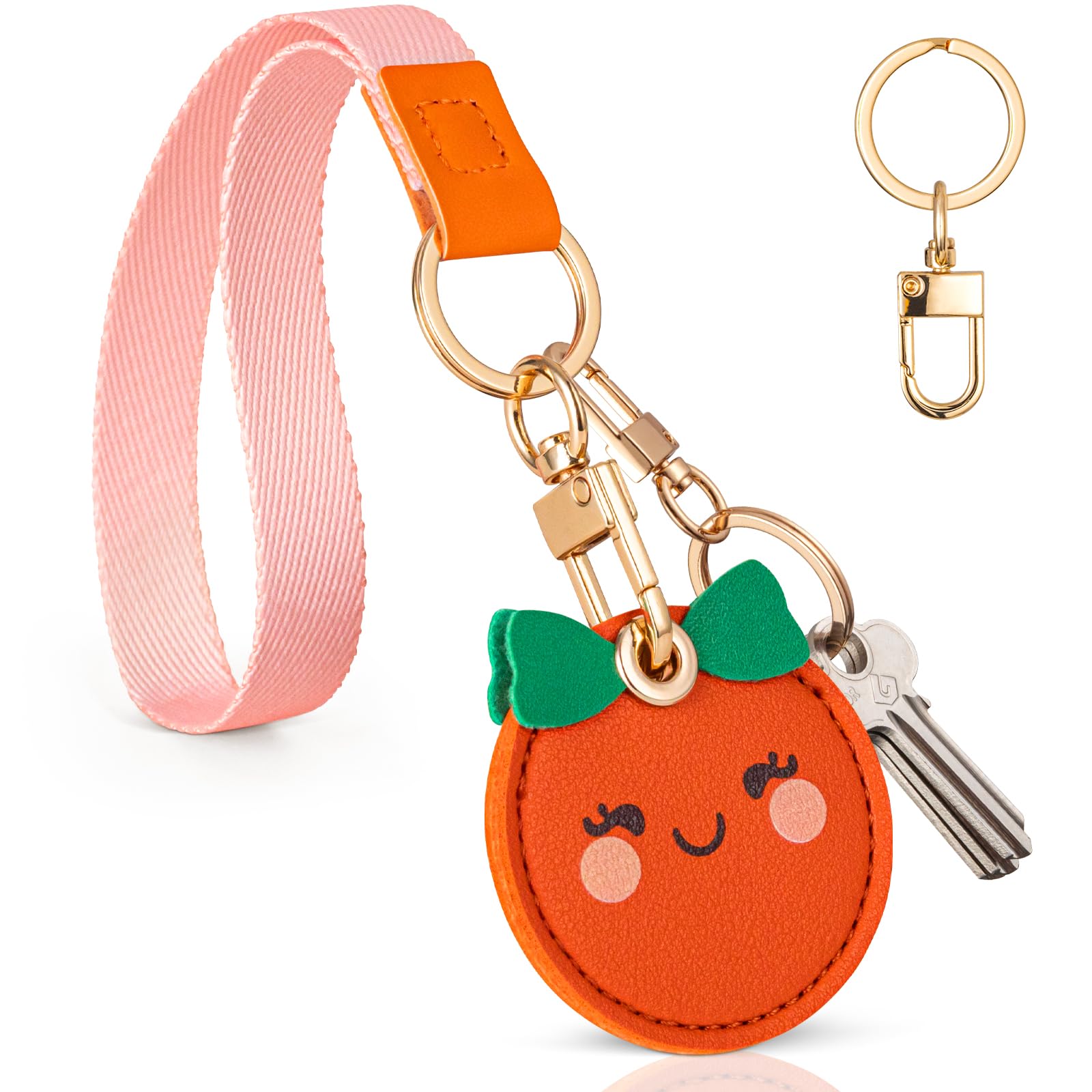 Airtag Keychain Holder - Cute Kawaii Faux Leather Case 3-in-1 with Hidden Keychain Cover, Detachable Wrist Strap & Anti-Loss Hand Band, Anti-Scratch