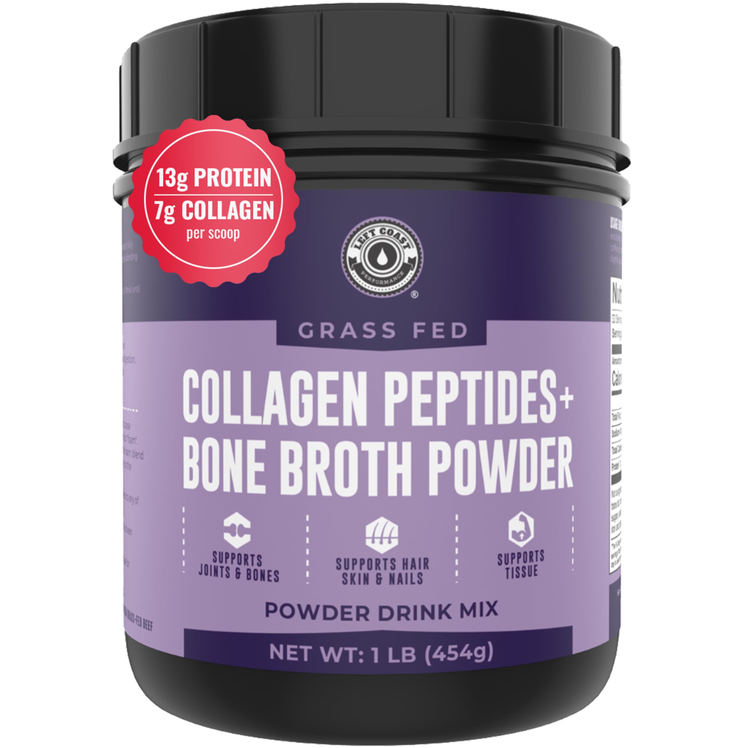 Left Coast Performance Collagen Bone Broth Powder Bone Broth with Collagen Peptides - Unflavoured - Hydrolyzed Beef, Grass Fed, Zero Carb, Dairy Free Protein Powder - 0.5kg, 32 Servings