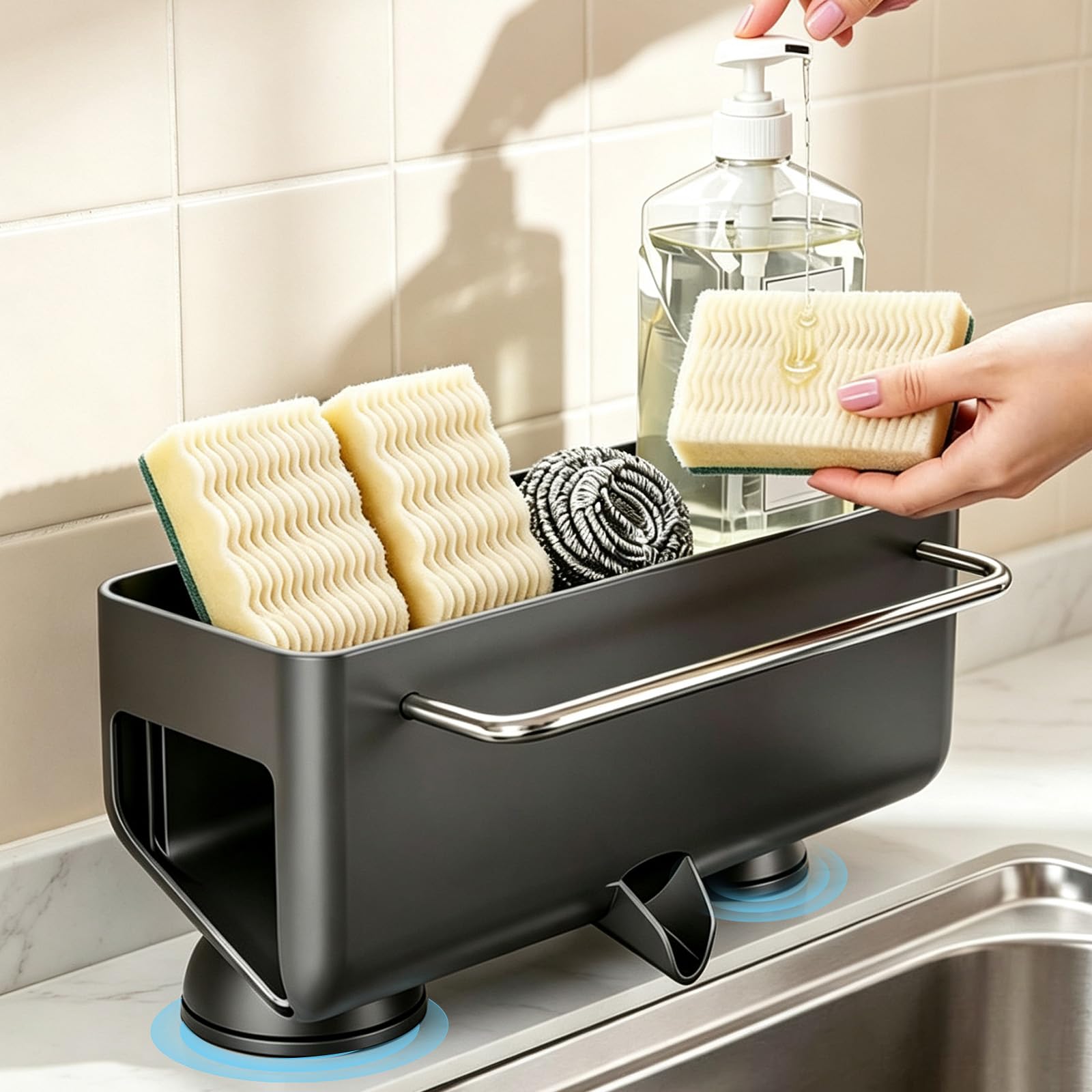 Sponge Holder for Kitchen Sink, Stainless Steel Suction Cup Organizer
