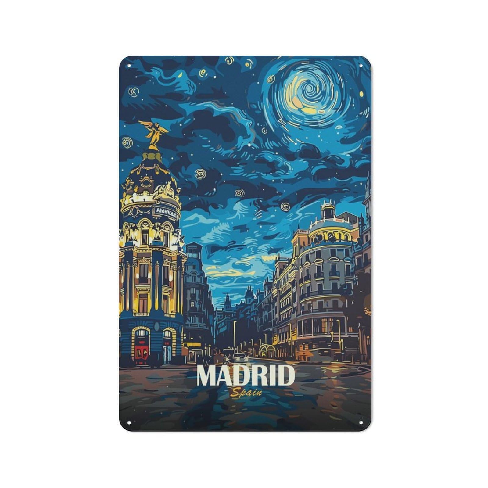 Junmoney Style-2 Madrid Spain Cityscape Night Art Shop Front Style Metal Wall Decor 30X20cm, Bistro Metal Sign For Takeaway, Bar, Kitchen Or Counter Area