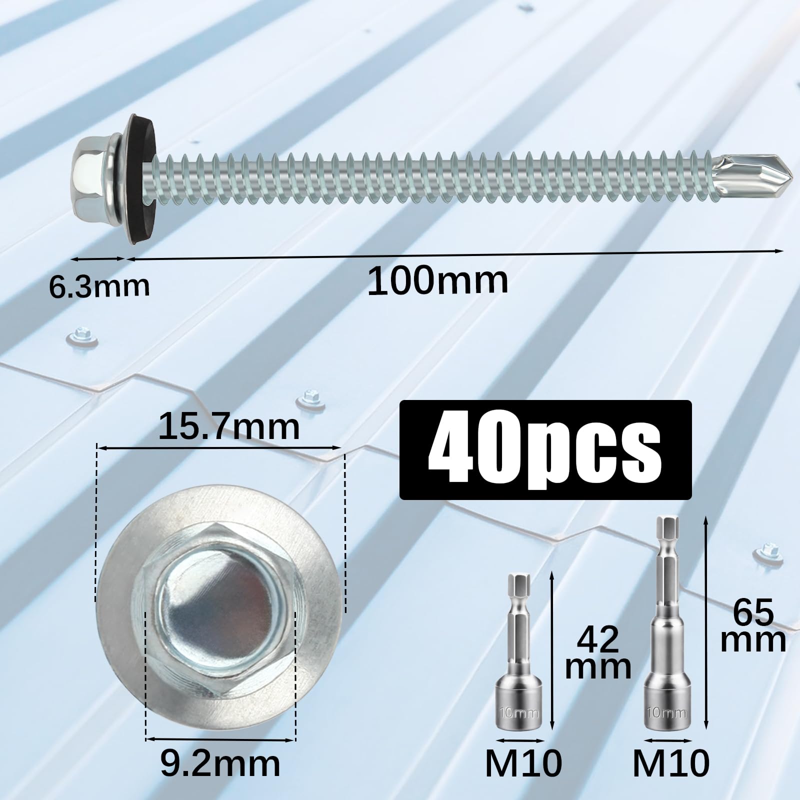 sturiz 40PCS 6.3x100 mm Self Drilling Screws for Metal Roofing Screws with Rubber Washers Hex Head Self Tapping Screws und 2 M10 Hex Socket Tech Screws Zinc Corrugated Roof Fixings for Tin Roof - Image 2