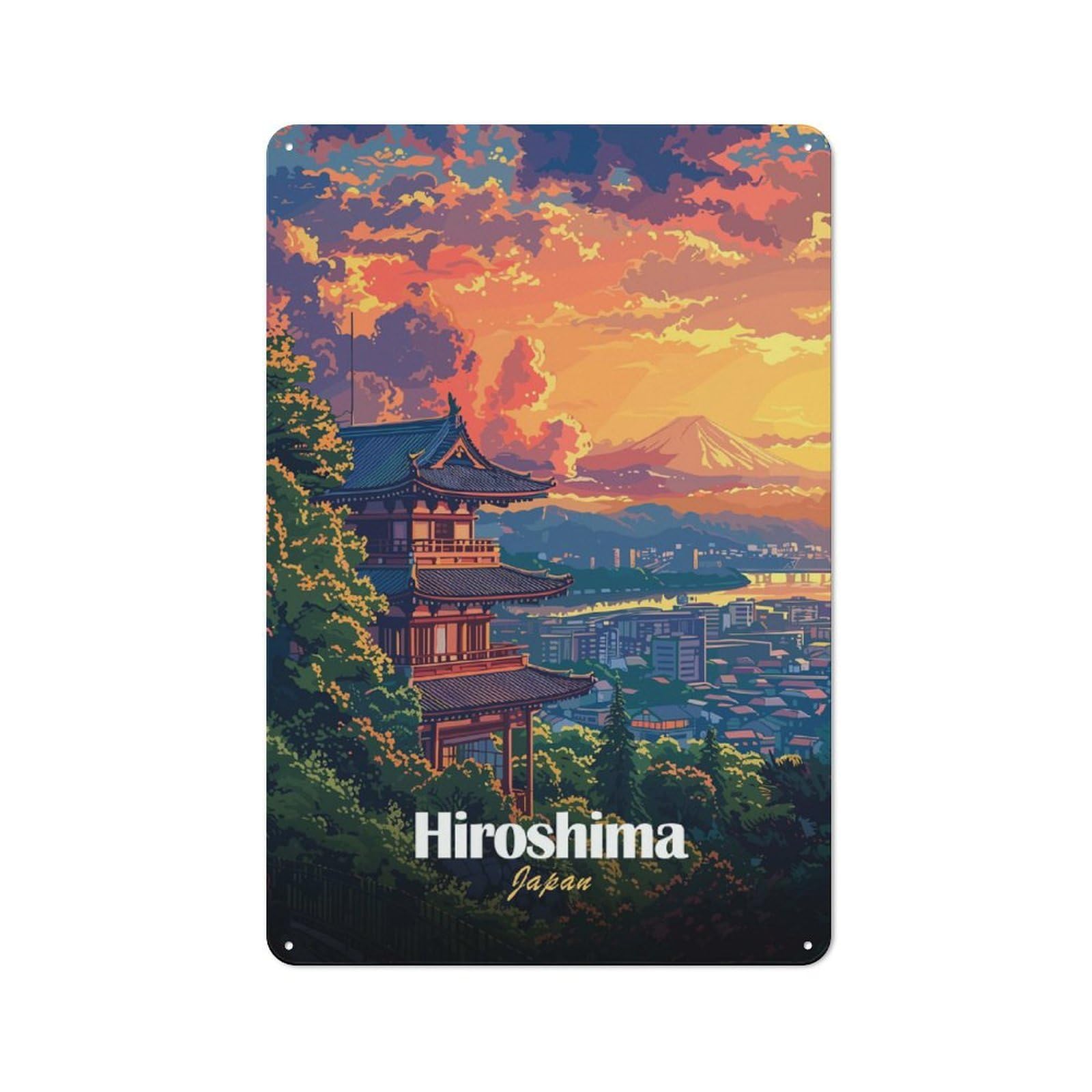 Junmoney Style-8 Urban Metal Wall Art Sign 30X20cm Featuring Hiroshima Japan Landscape Art, Studio Wall Art For Modern Home, Workshop, Office Or Cafe