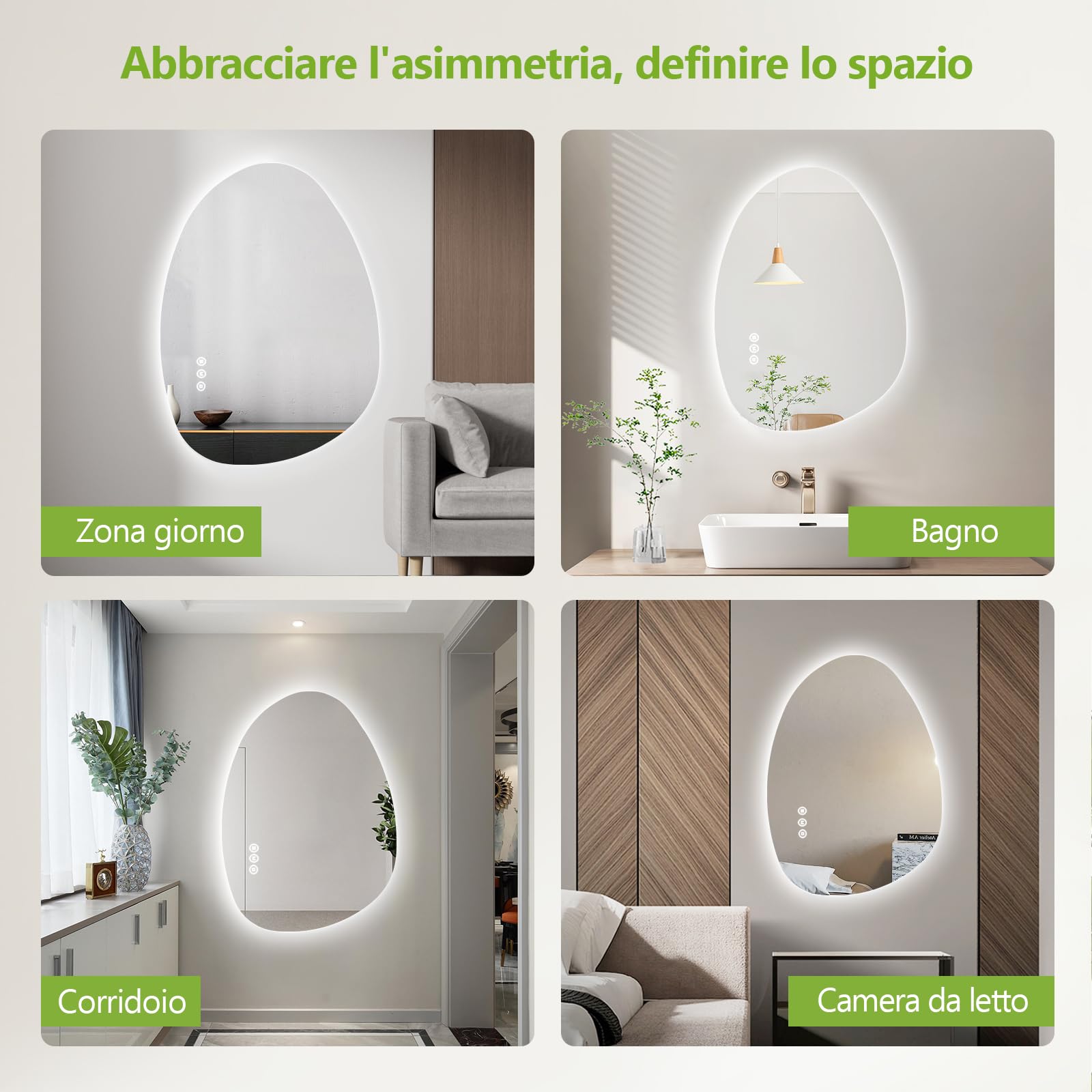 S'AFIELINA Specchio Bagno con Luce LED, Specchio Bagno Retroilluminato Asimmetrico 85x50 cm, Interruttore Touch,Dimmerabile, 3 Temperature di Colore, Antiappannamento, Specchi da parete per bagno