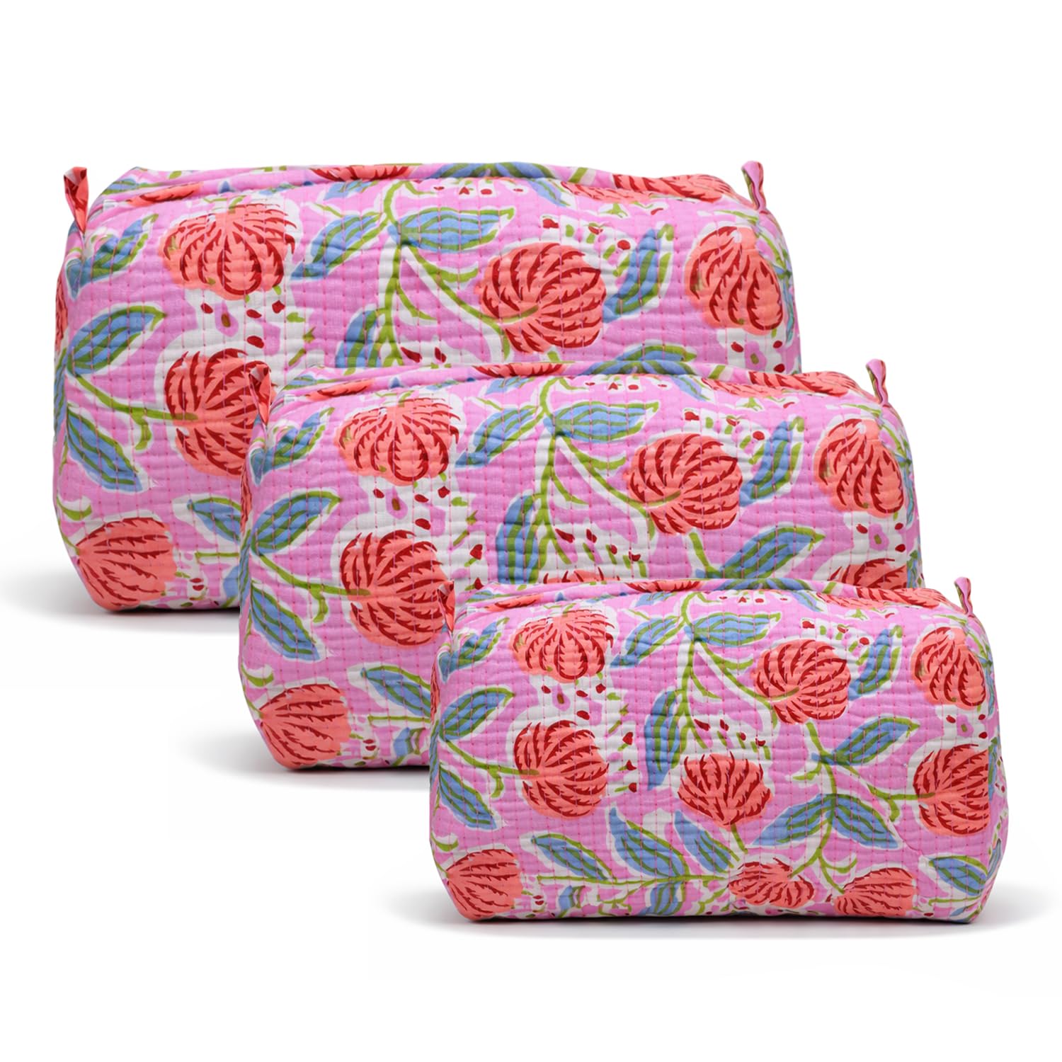 MOMISY Handmade Jaipuri Pure Cotton Pouch Set for Women, Quilted Floral Print Multipurpose Travel Makeup & Organizer Bags with Zipper, Small Medium Large Cosmetic Storage Set, 3 Pcs (Multicolor)-image-26