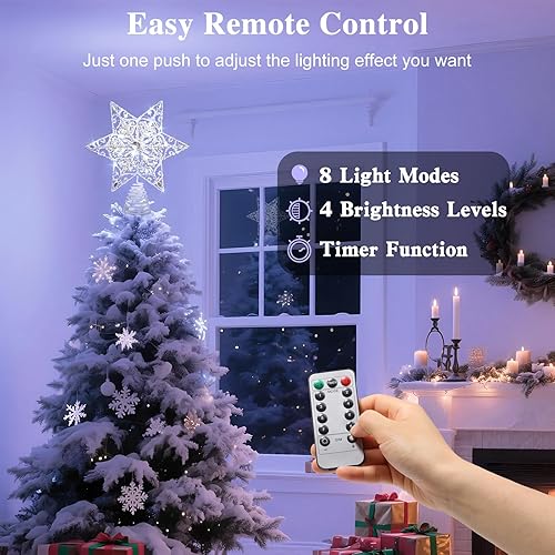 Miniatura 103 de Lewondr Decoración para árbol de Navidad, control remoto alimentado por USB, temporizador de 6 horas, estrella de árbol controlada con luces y Plata