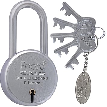 Foora New Round 65mm Lock | Long Shackle Padlock | Metal Body | Double Locking | 8 Steel Lever | 5 Silver Keys with Keychain | Silver Finsih | Made in India | Export in USA | Canada