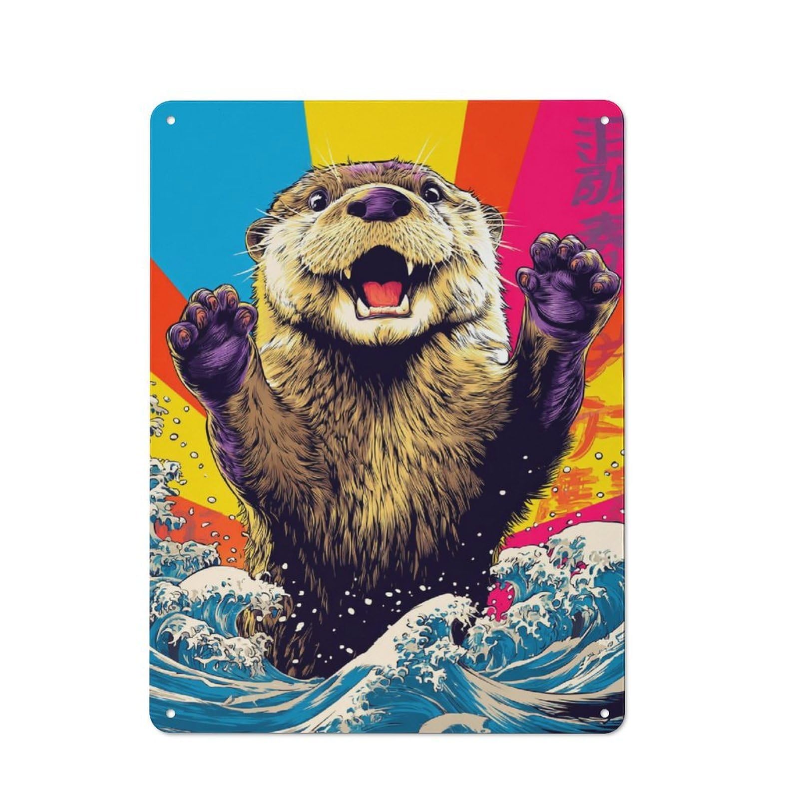Vintage Otter Surfing Waves Bistro Metal Sign 40x30cm, Bistro Wall Plaque for Takeaway, Bar, Kitchen Or Counter Area