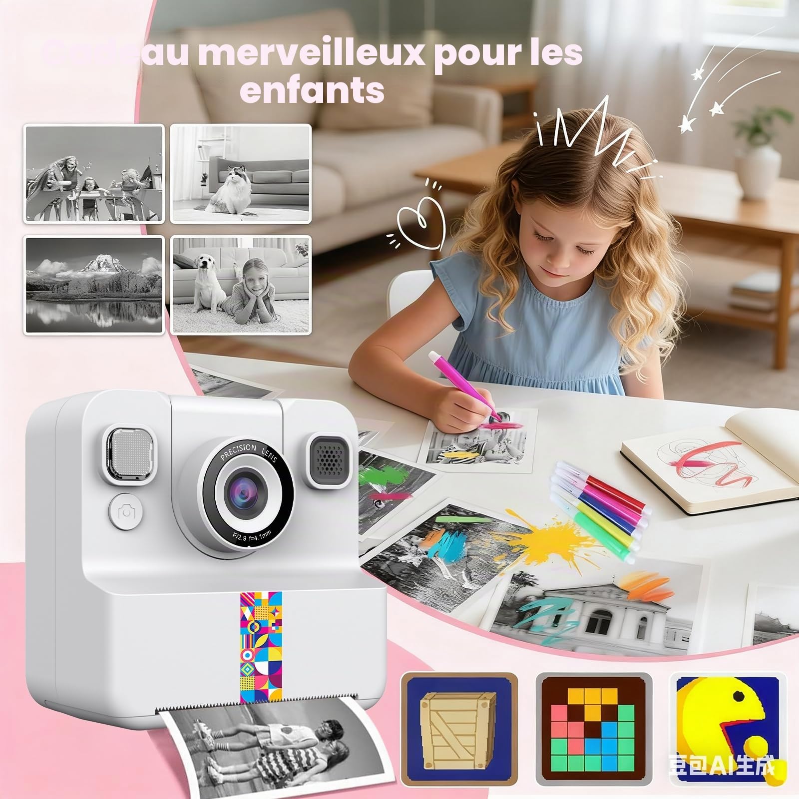 Appareil Photo Instantané Enfant, 2.4" Grand Écran 48MP 1080P HD Appareil Photo Numérique Enfant avec Carte 32GB et Papier Photo Imprimé, Cadeau pour Filles Garçons 3-12 Ans,Violet