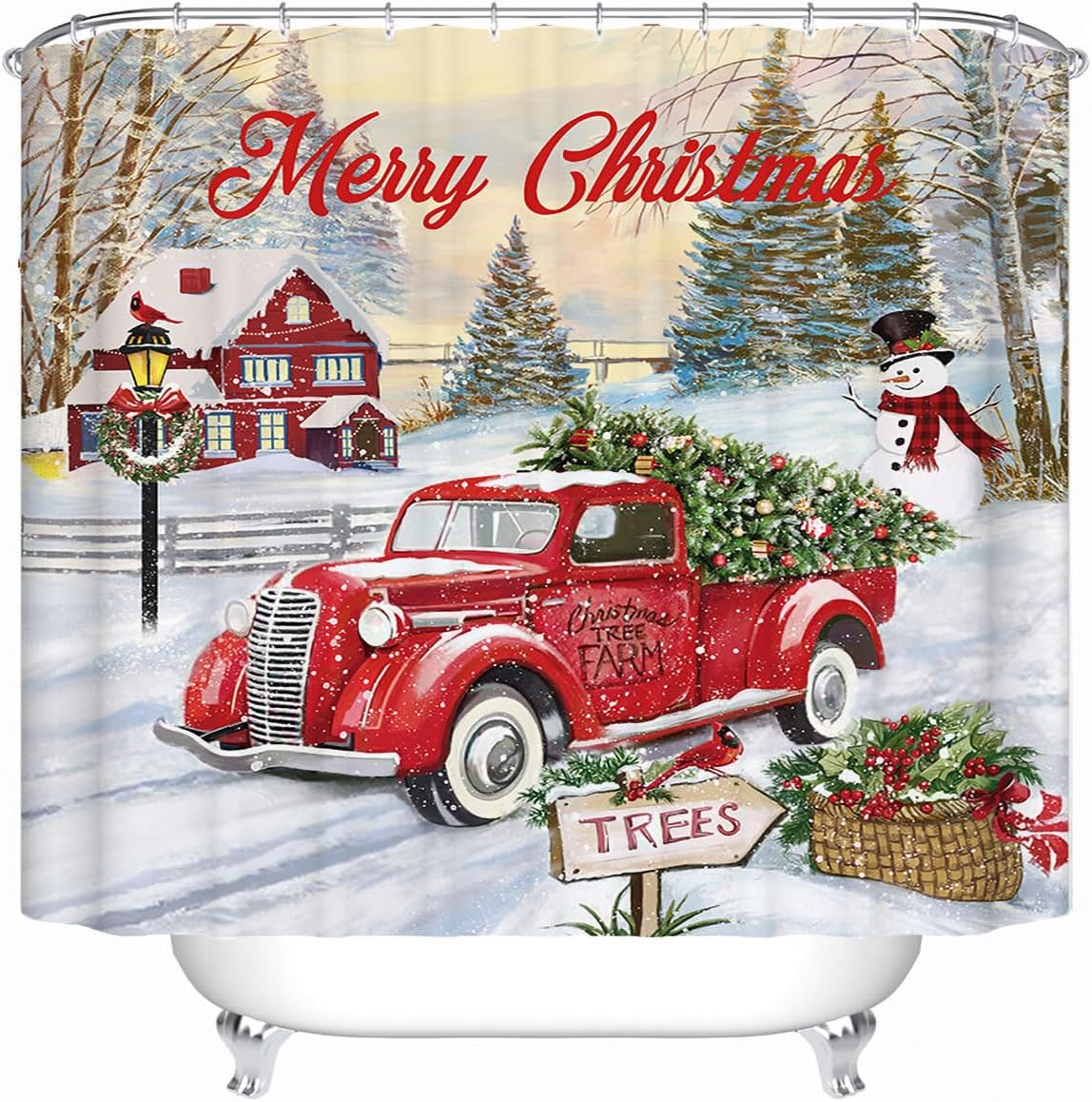 DDS-DUDES Merry Christmas Decorations Shower Curtain Snowman Santa Truck Gift Waterproof Polyester Fabric Bathroom Decoration 71 x 71 Inches with 12 Hooks